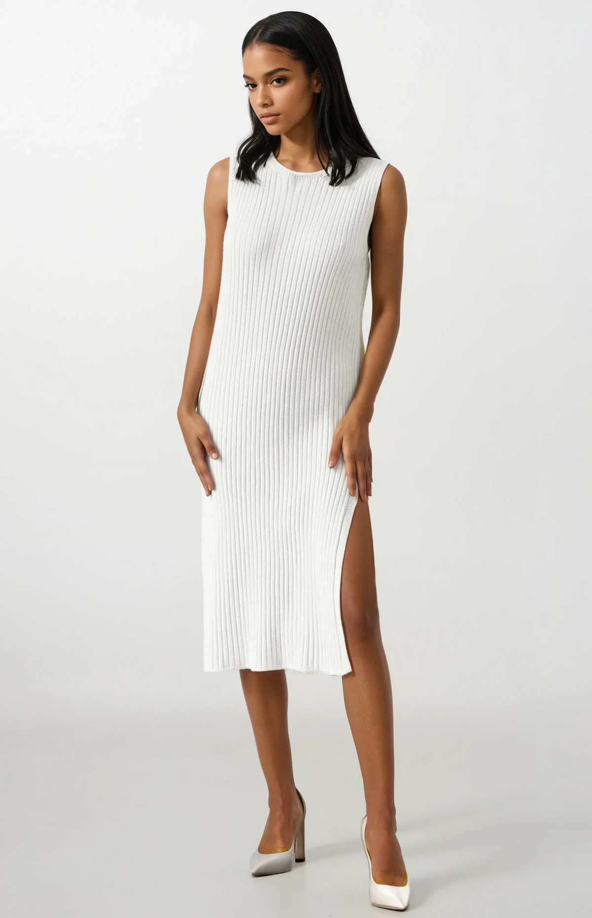 Rib-knit slit sleeveless midi sweater dress with round neck