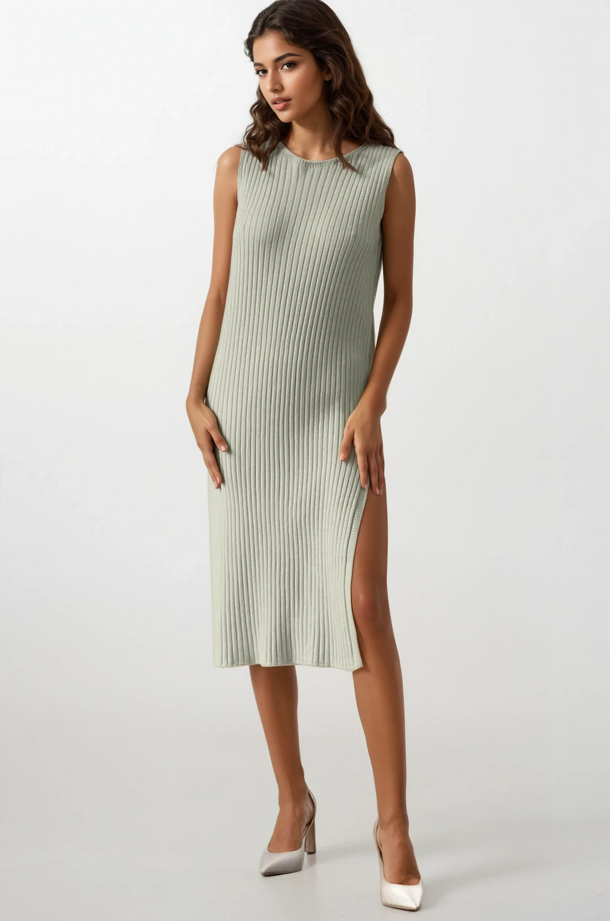 Sleeveless rib-knit midi dress with leg slit and round neck