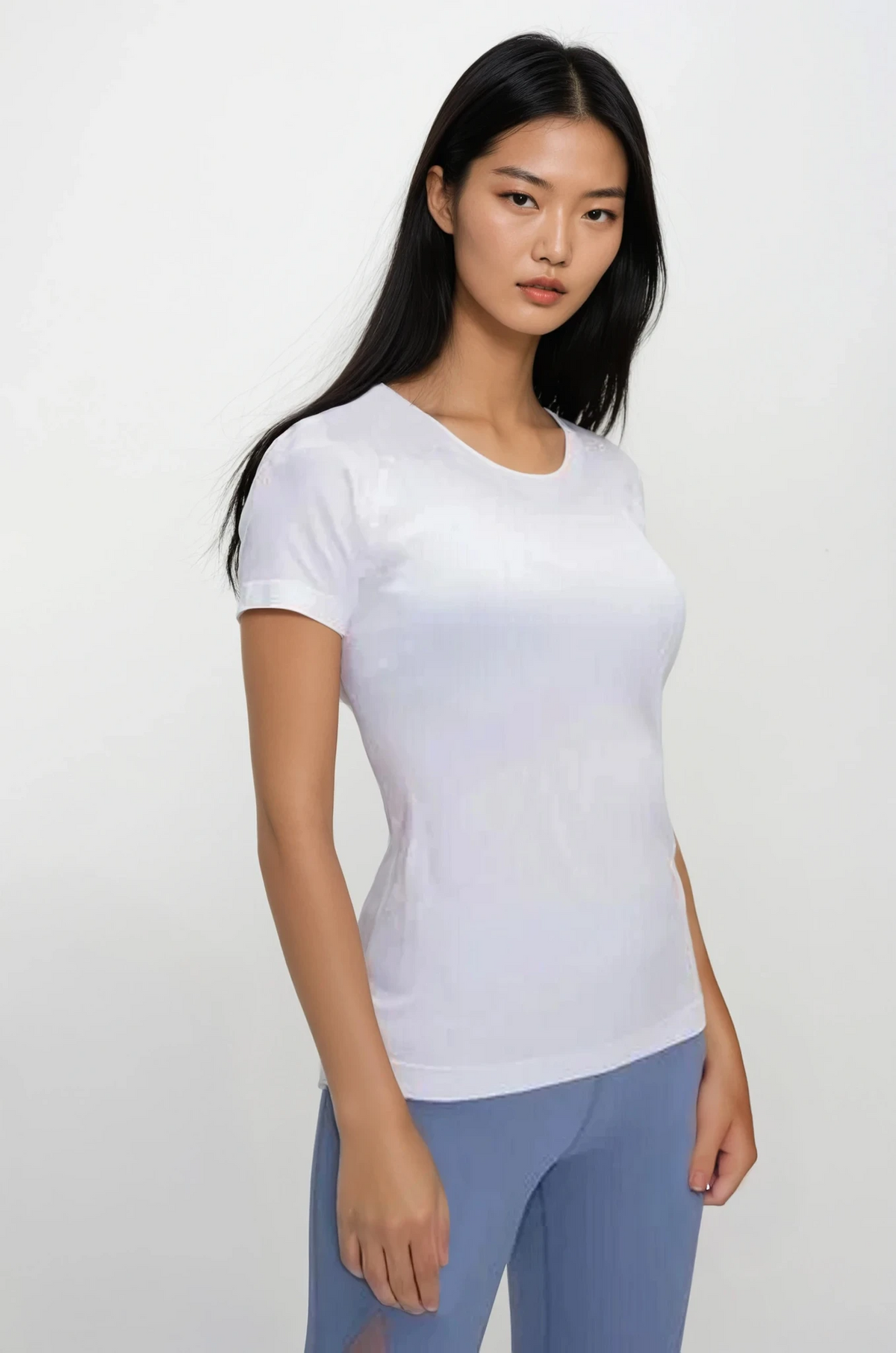 Simple round neck short sleeve top made of soft stretchy nylon