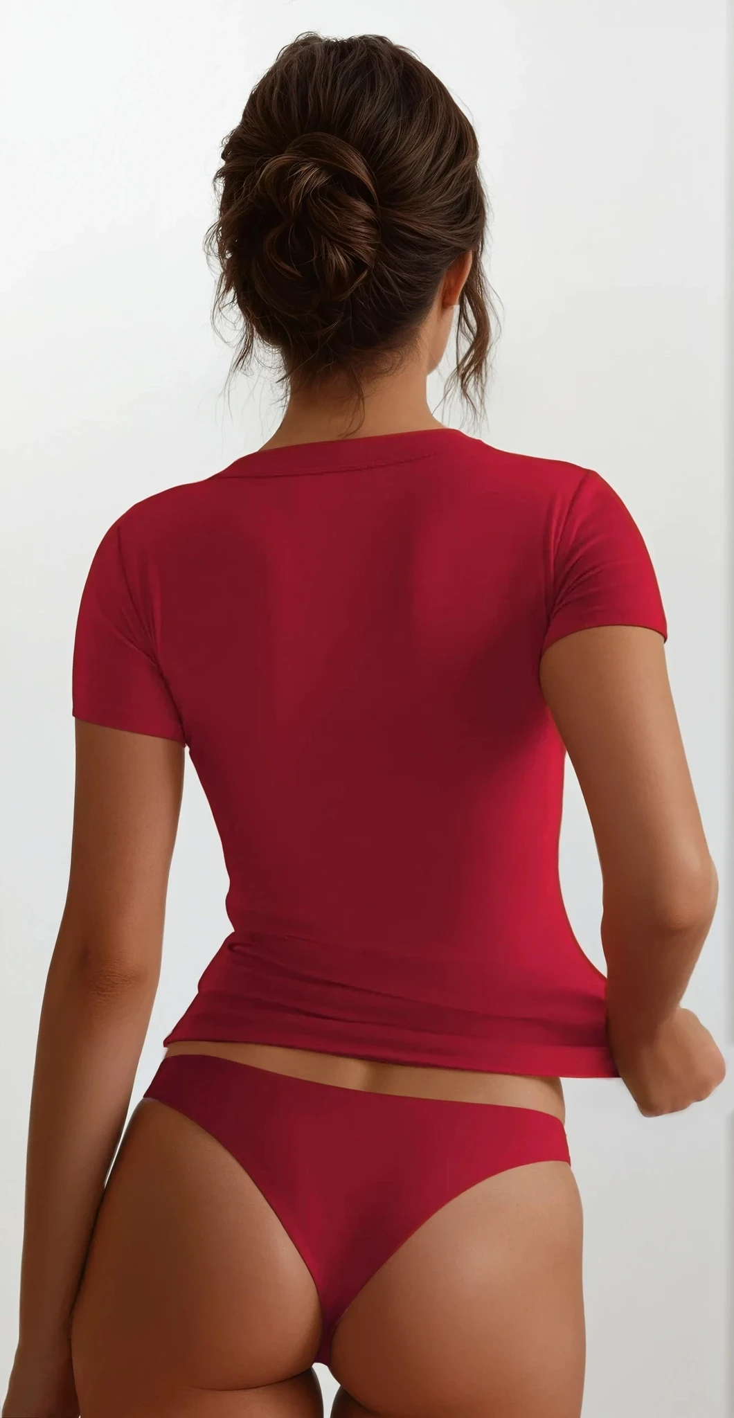 woman wearing versatile scoop neck short sleeve t-shirt