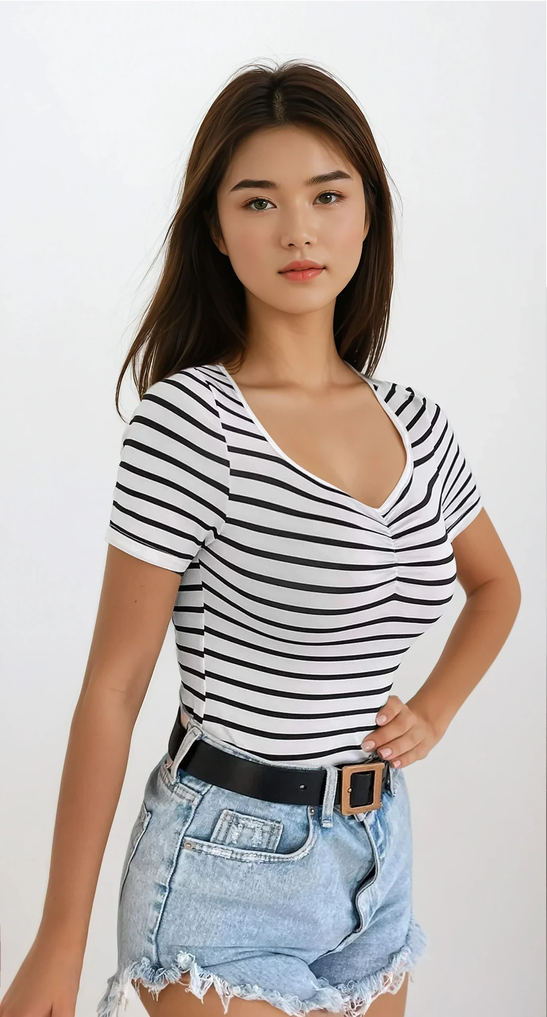 Seaside striped v-neck short sleeve t-shirt with side ruching