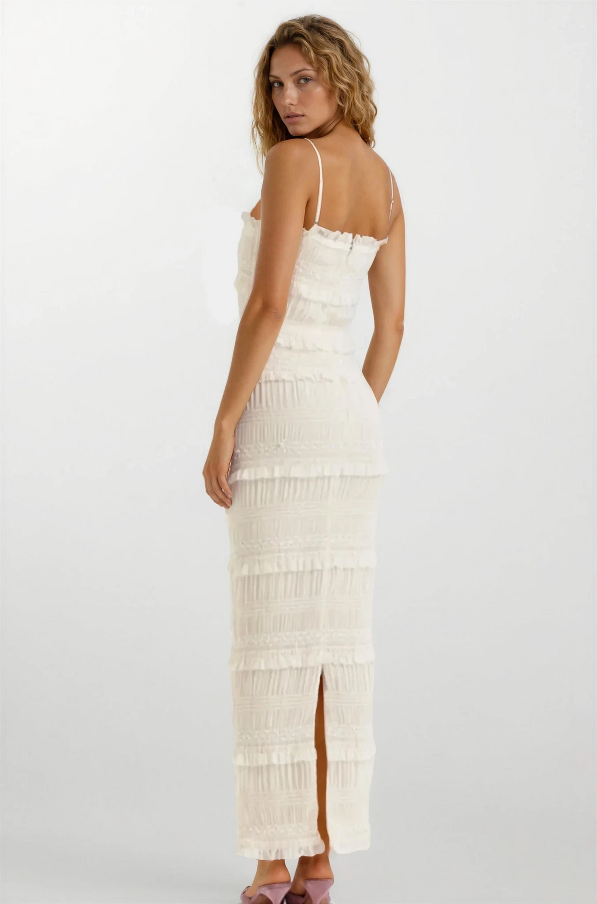 Sensual frill tiered cami maxi dress with delicate ruching and sleeveless design
