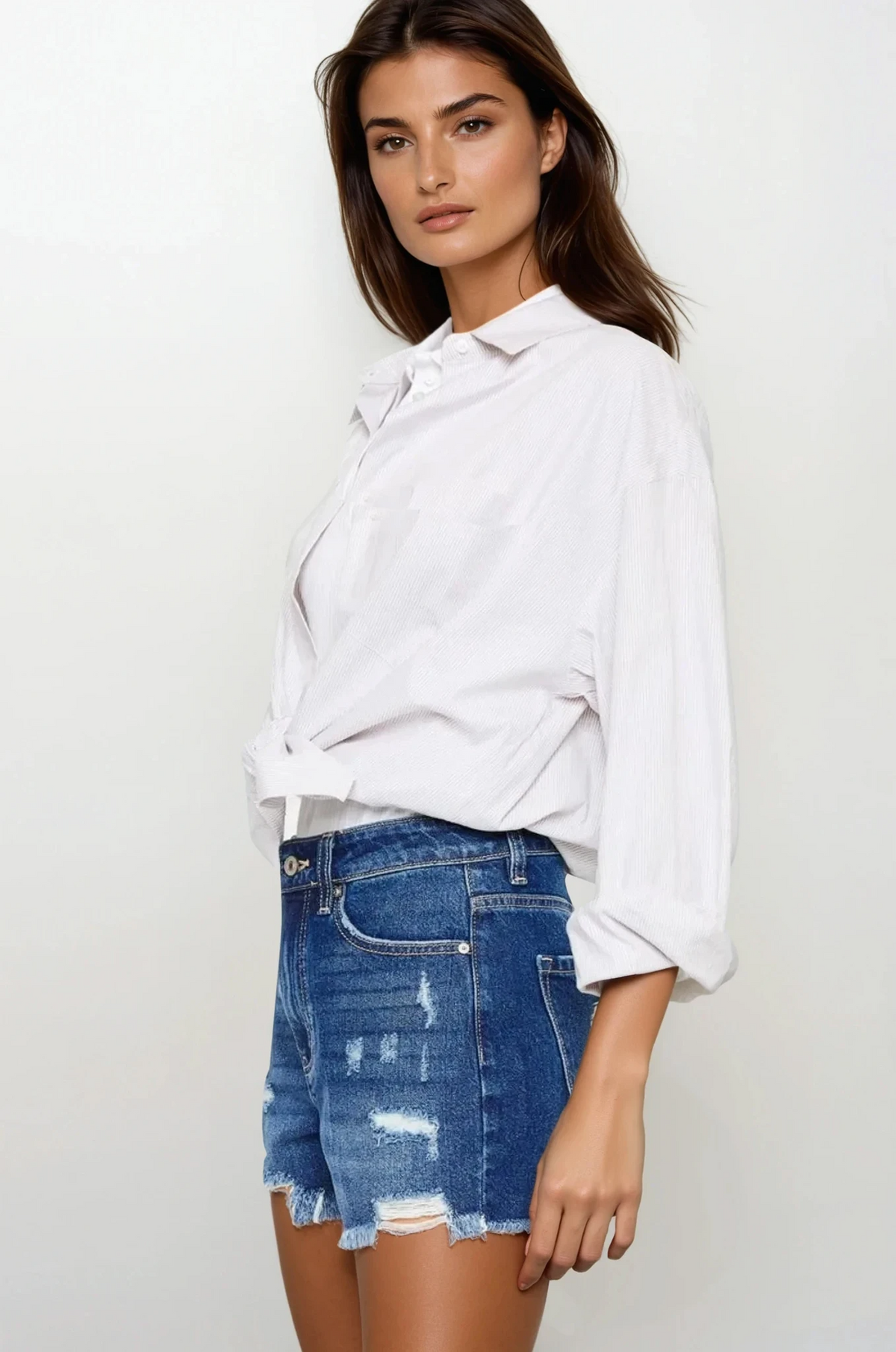 Signature high-waist frayed hem distressed denim shorts in dark wash