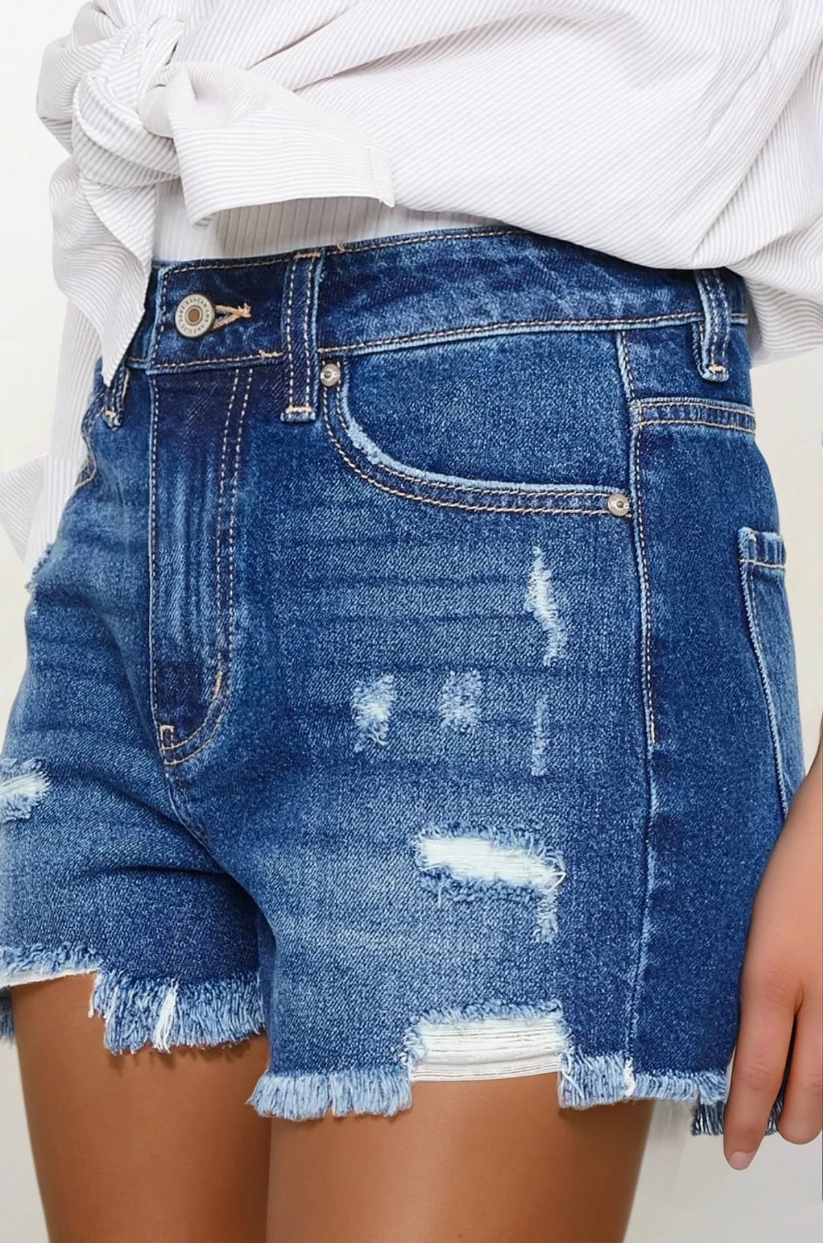 Signature high-waist frayed hem distressed denim shorts in dark wash