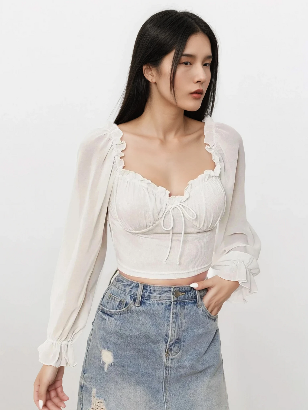 black sweetheart neck flounce sleeve top with adjustable tie-front and ruffles