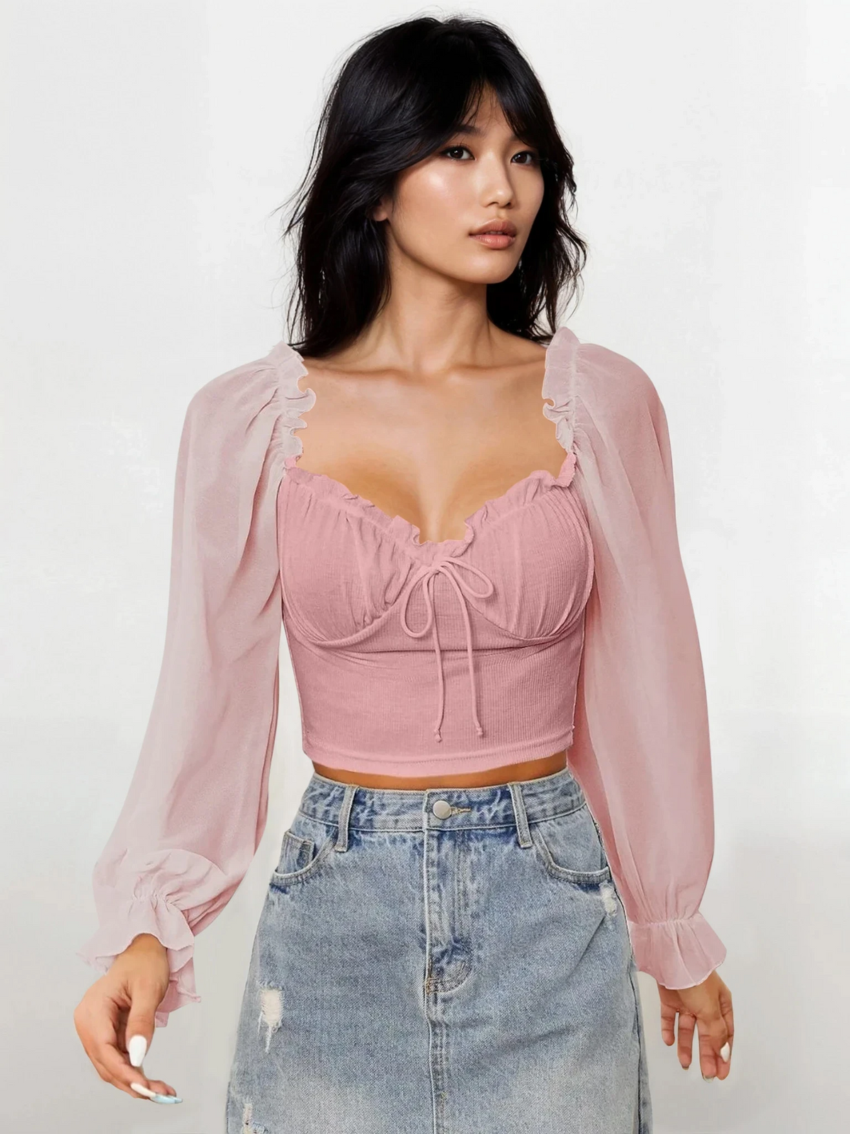 Sweetheart neck flounce sleeve top with adjustable tie-front and ruffles