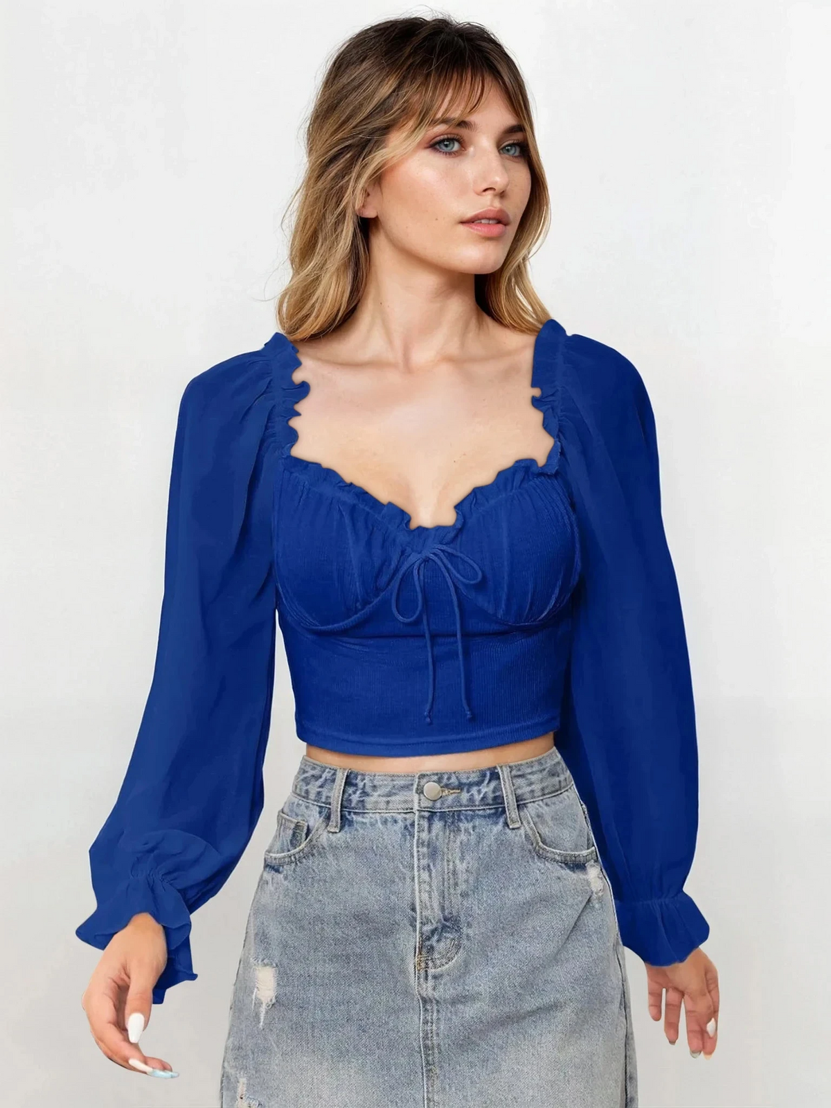 Sweetheart neck flounce sleeve top with adjustable tie-front and ruffles