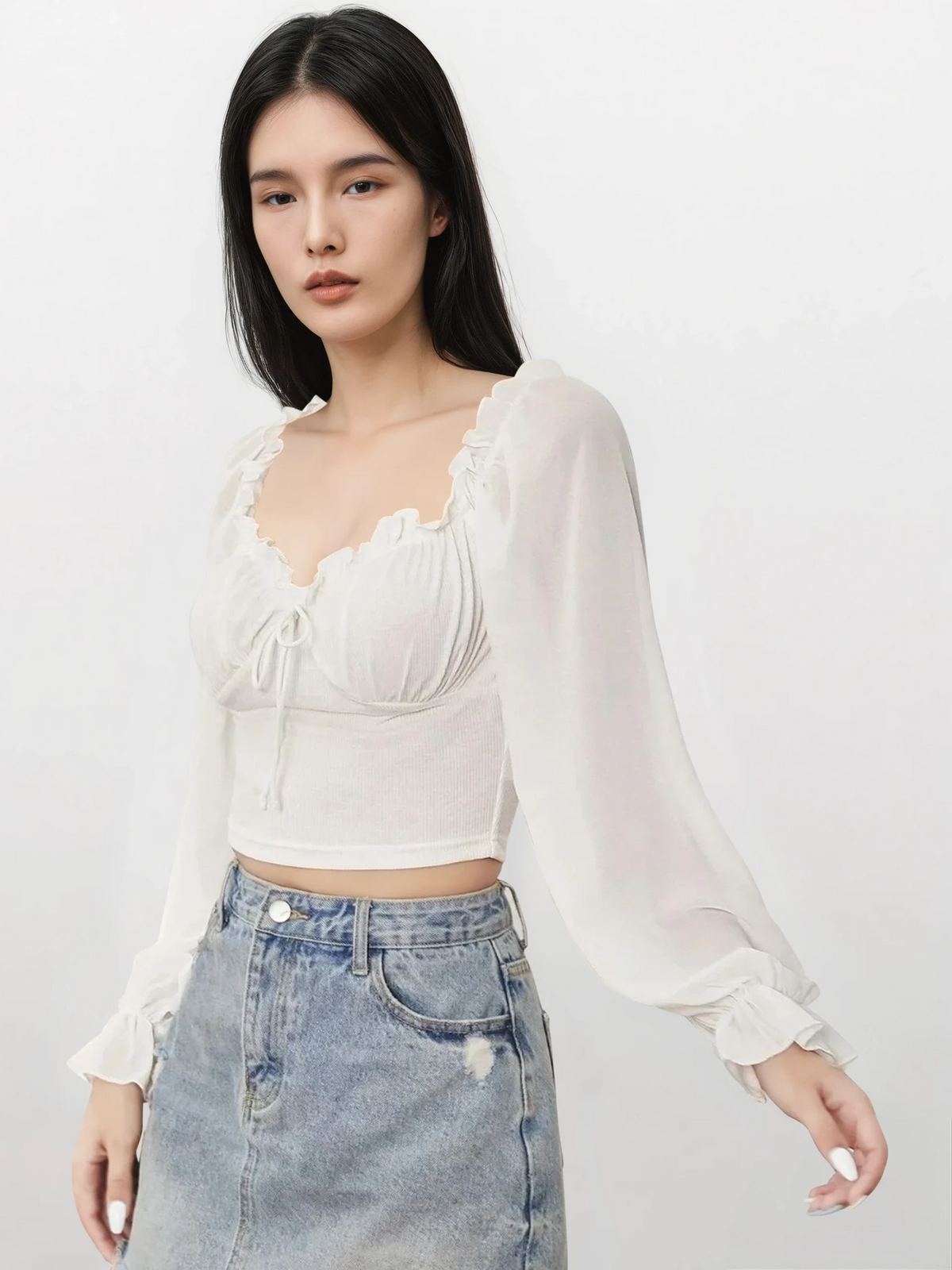 Sweetheart neck flounce sleeve top with tie-front and ruffles