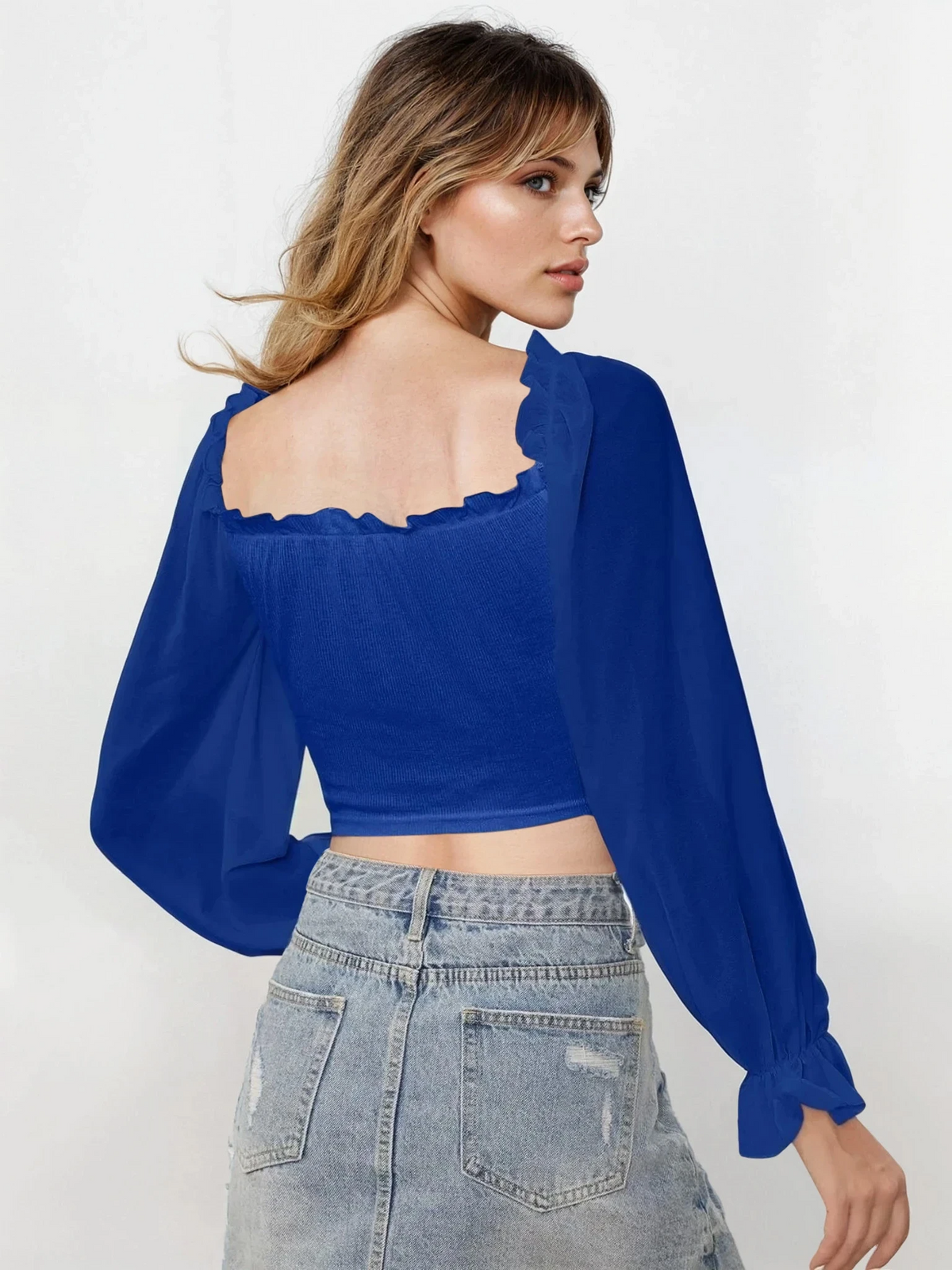Sweetheart neck flounce sleeve top with adjustable tie-front and ruffles