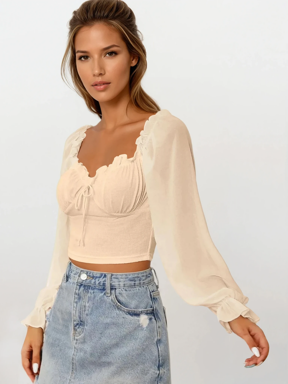 Sweetheart neck flounce sleeve top with adjustable tie-front and ruffles