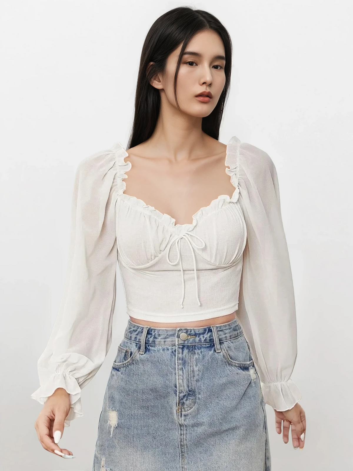 Simplicity sweetheart neck flounce sleeve top with adjustable tie-front and ruffles