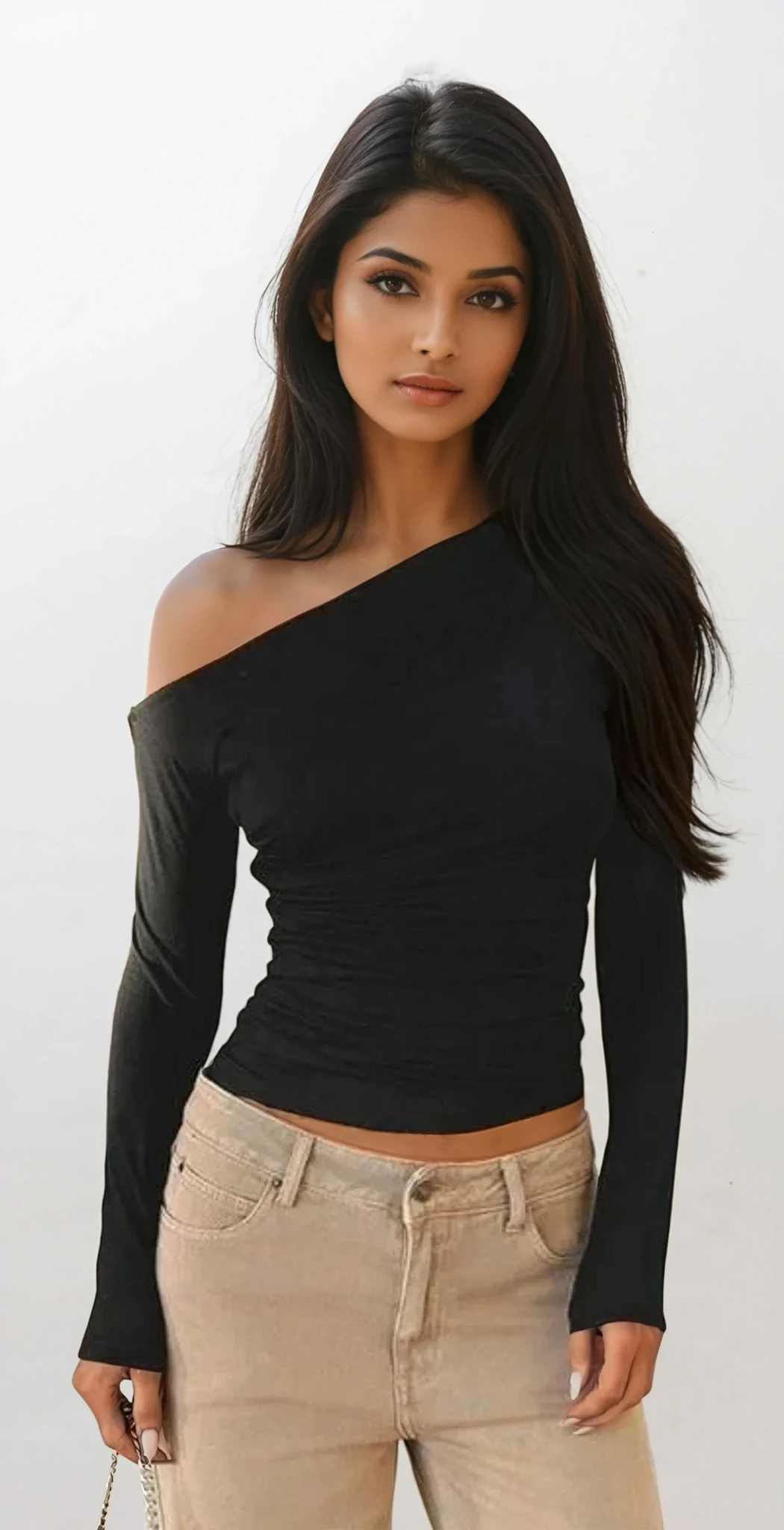 elegant single shoulder long sleeve top in solid color