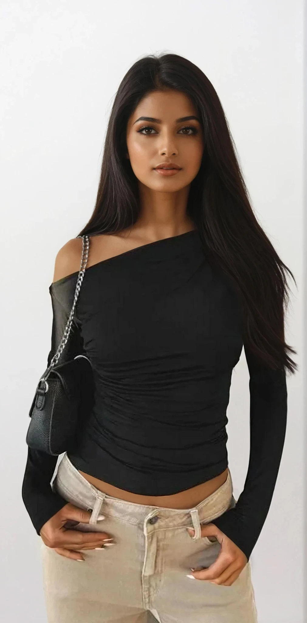 Elegant single shoulder long sleeve top with solid pattern