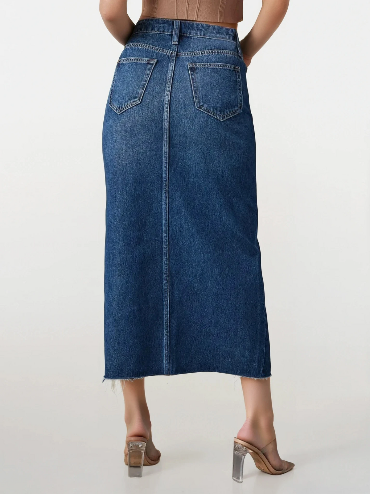 Denim midi skirt with slit and raw hem