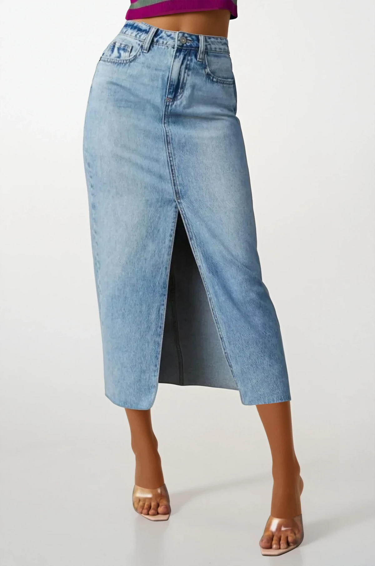 Denim midi skirt with slit and raw hem