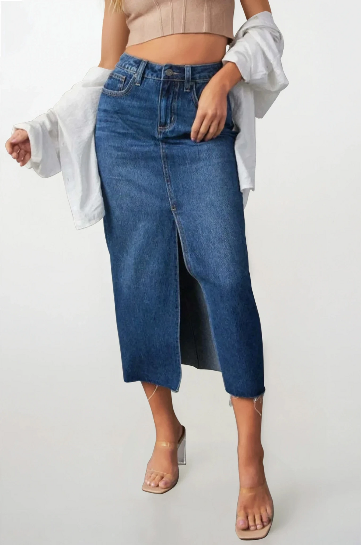 Slit raw hem denim midi skirt with buttoned closure and pockets