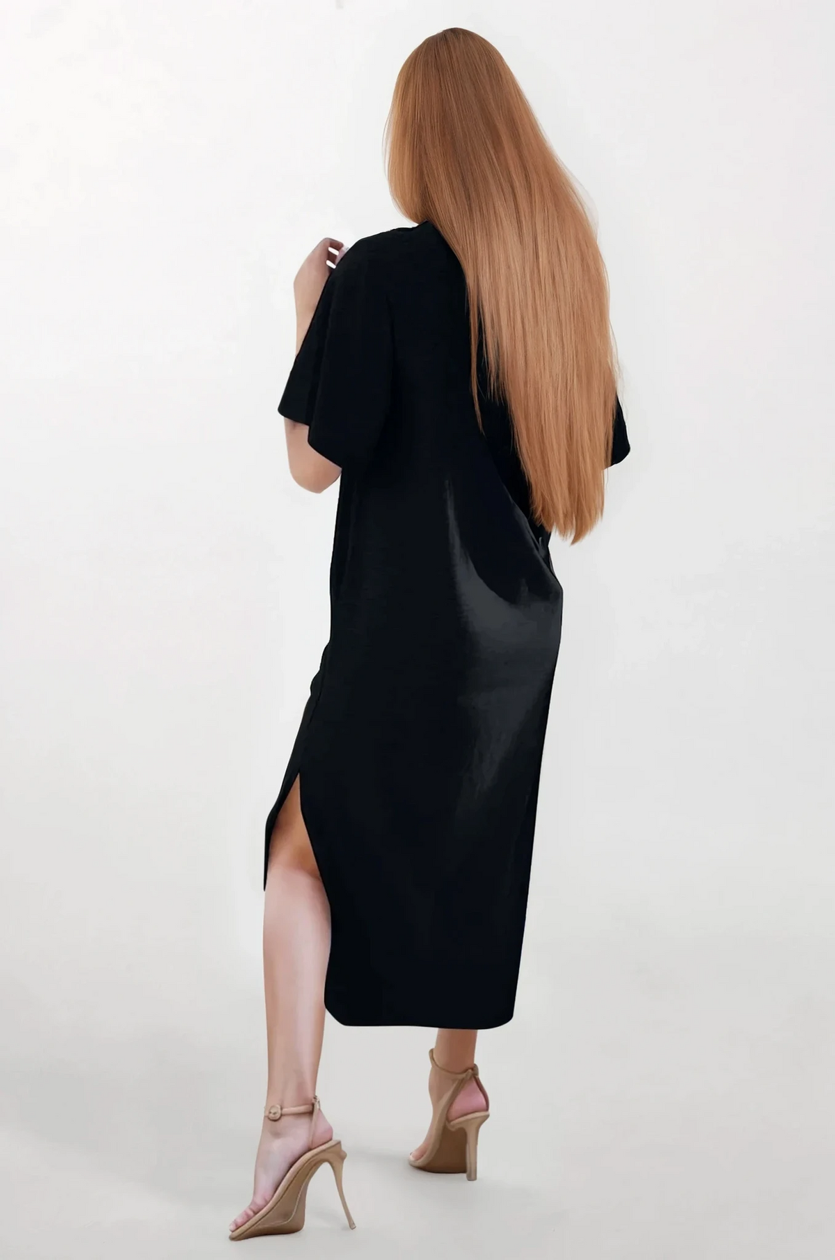 Black slit t-shirt maxi dress with round neck and half sleeves