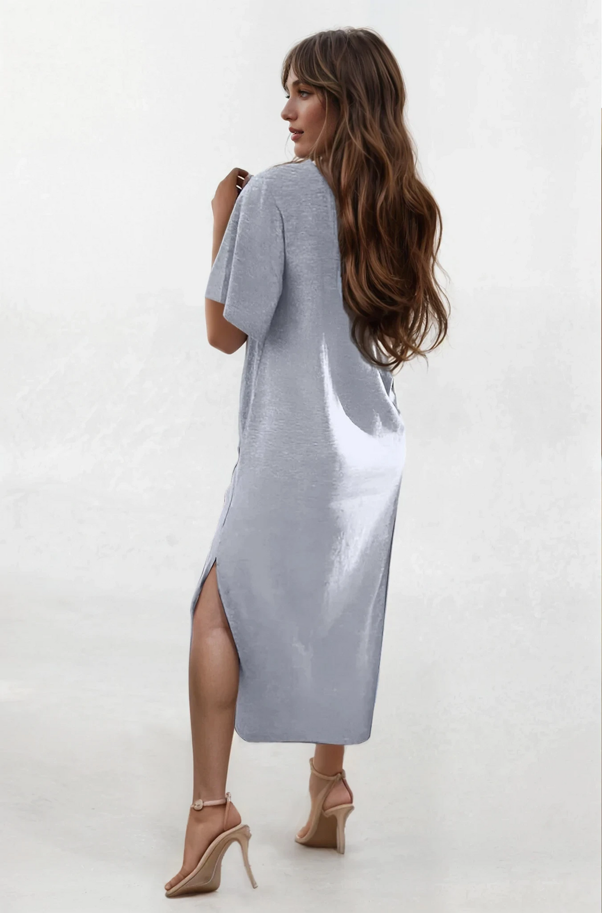 Black slit t-shirt maxi dress with round neck and half sleeves
