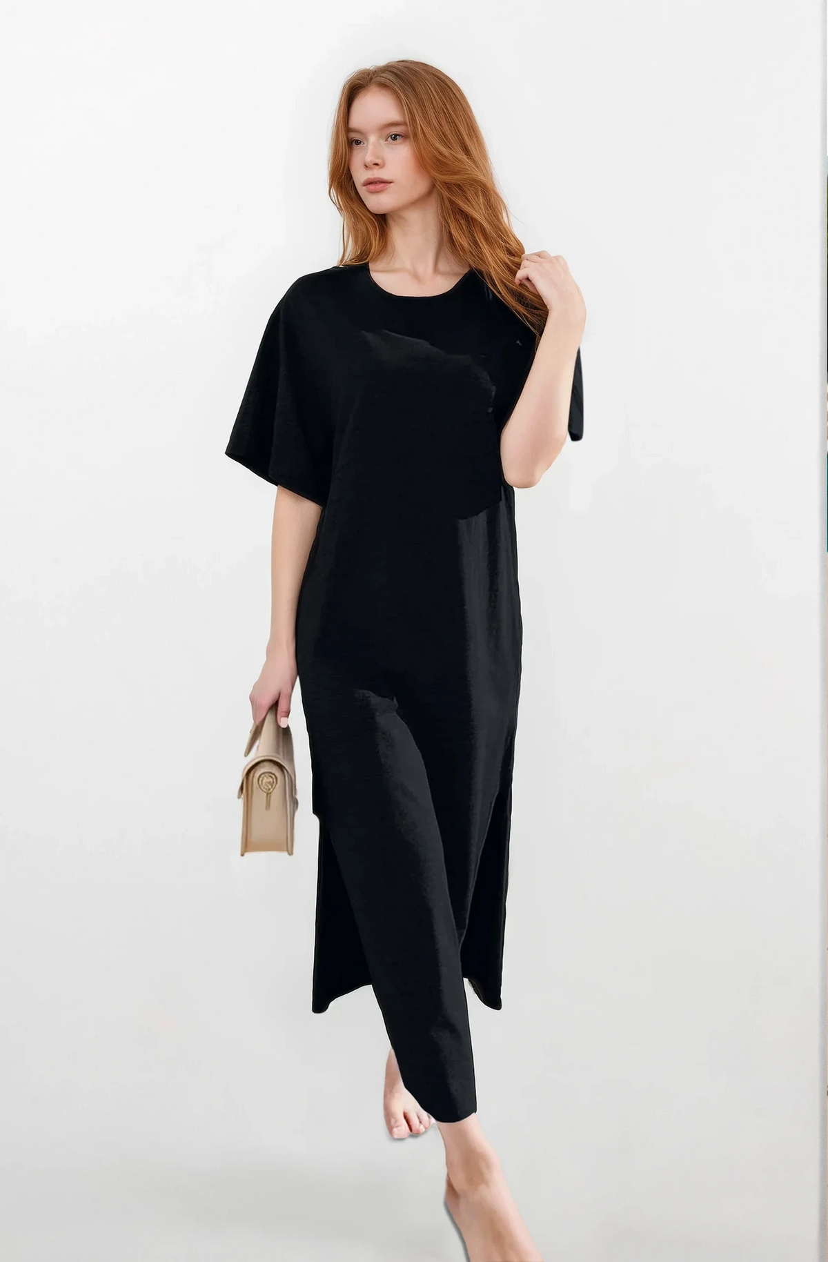 Black slit t-shirt maxi dress with round neck and half sleeves