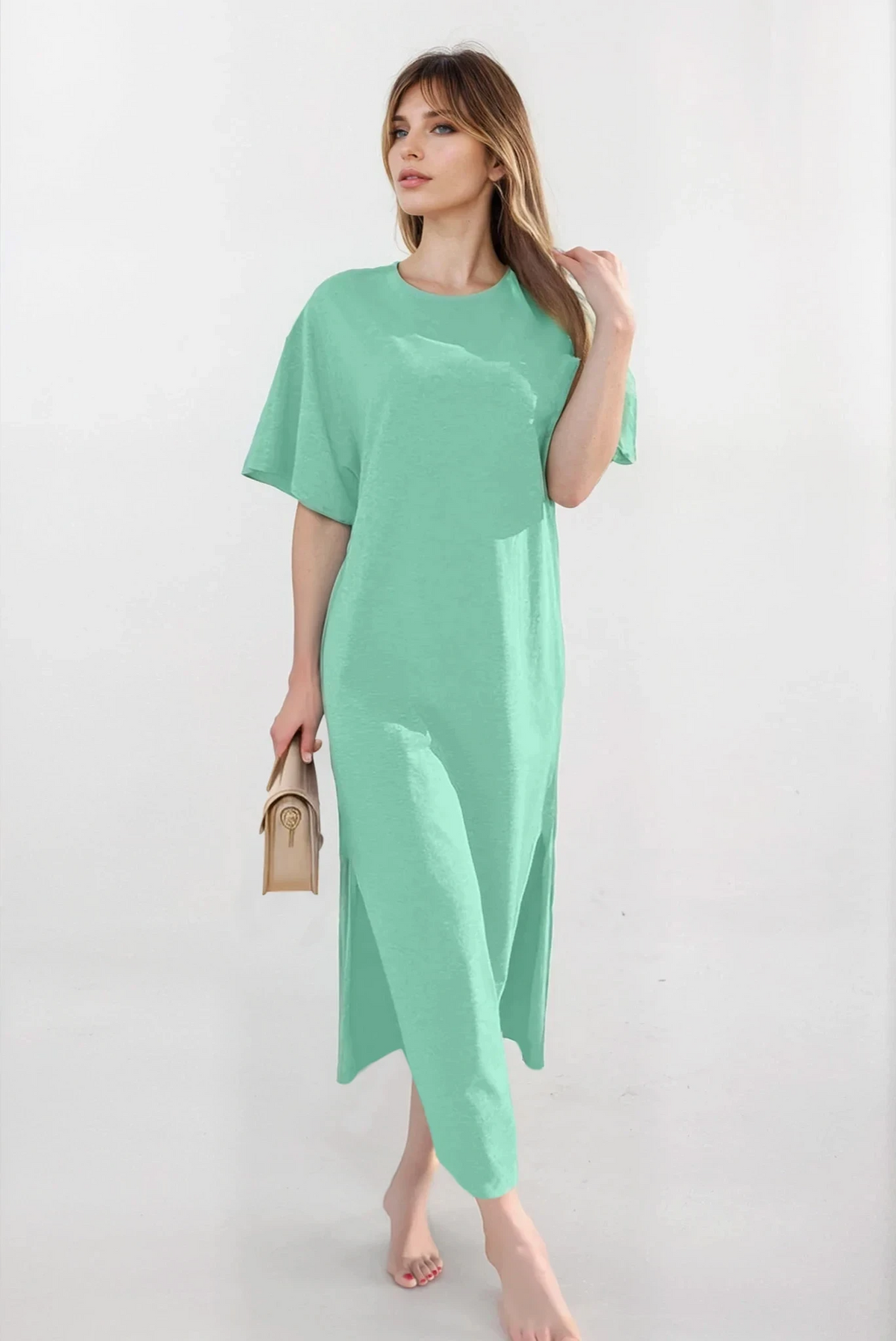 black slit t-shirt maxi dress with round neck and half sleeves