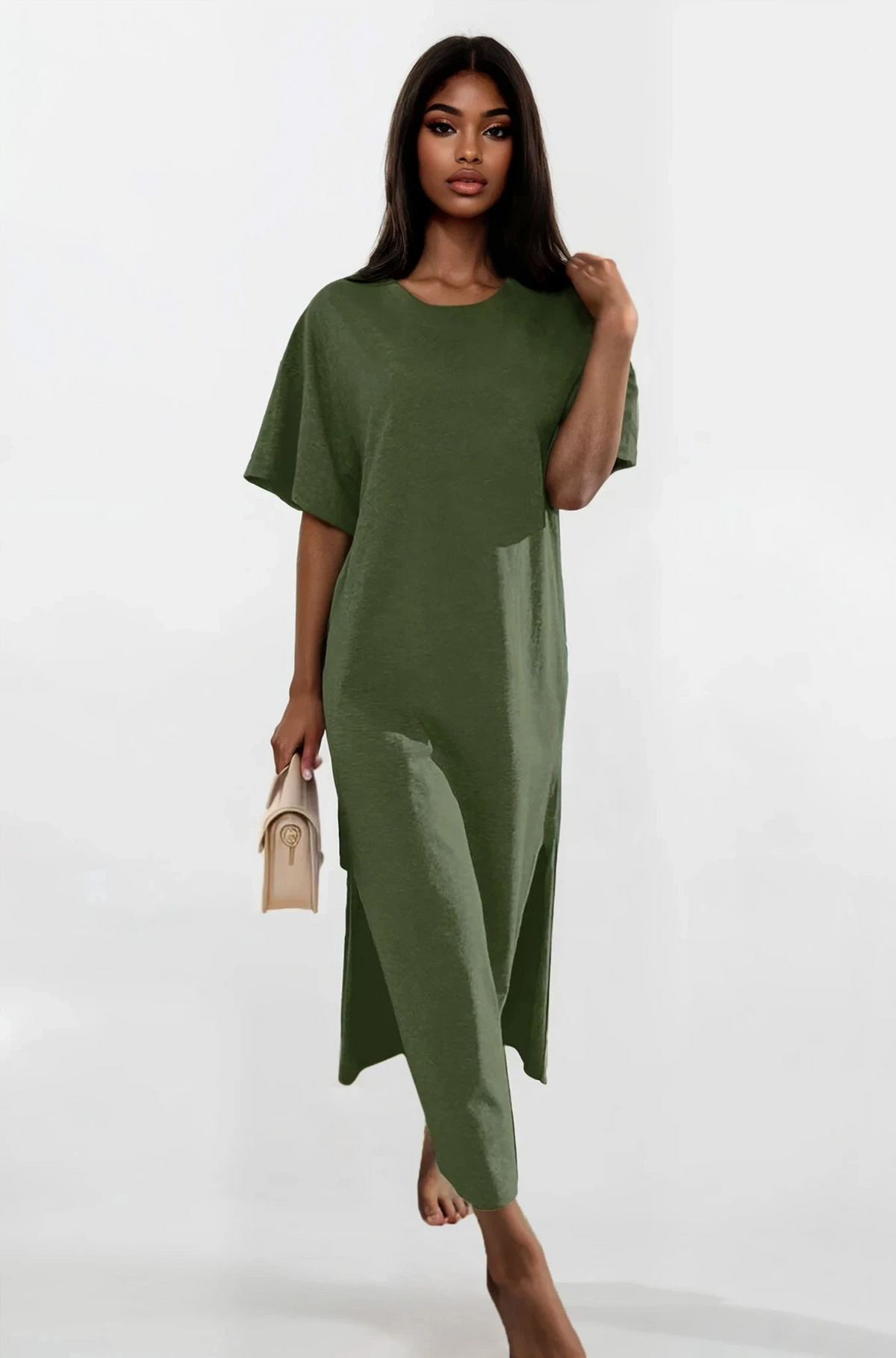 Black slit t-shirt maxi dress with half sleeves and round neck