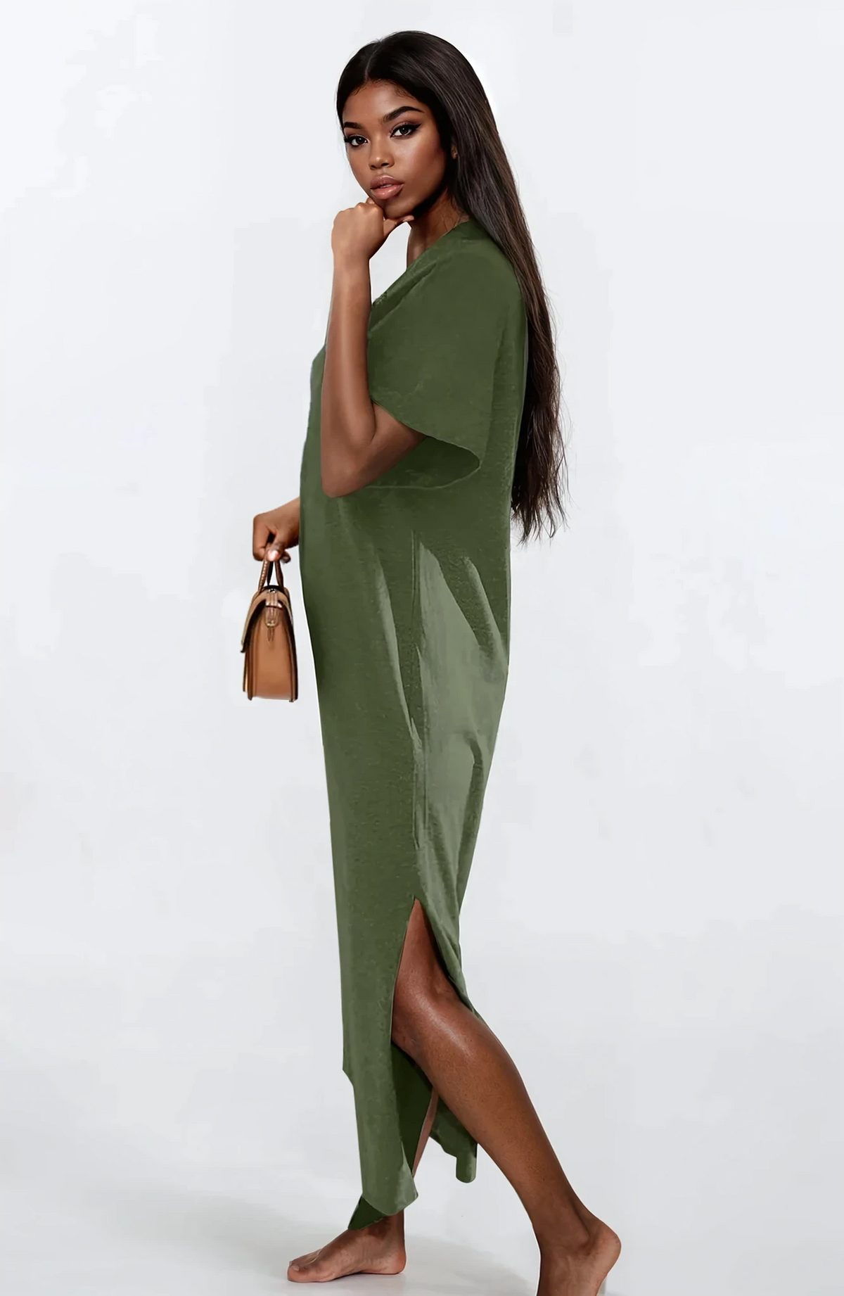 Black slit t-shirt maxi dress with round neck and half sleeves