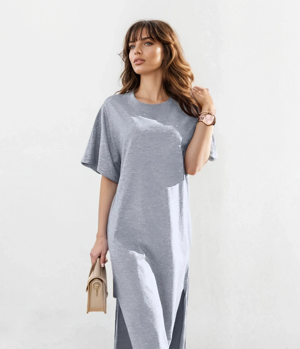 Elegant black slit t-shirt maxi dress with half sleeves