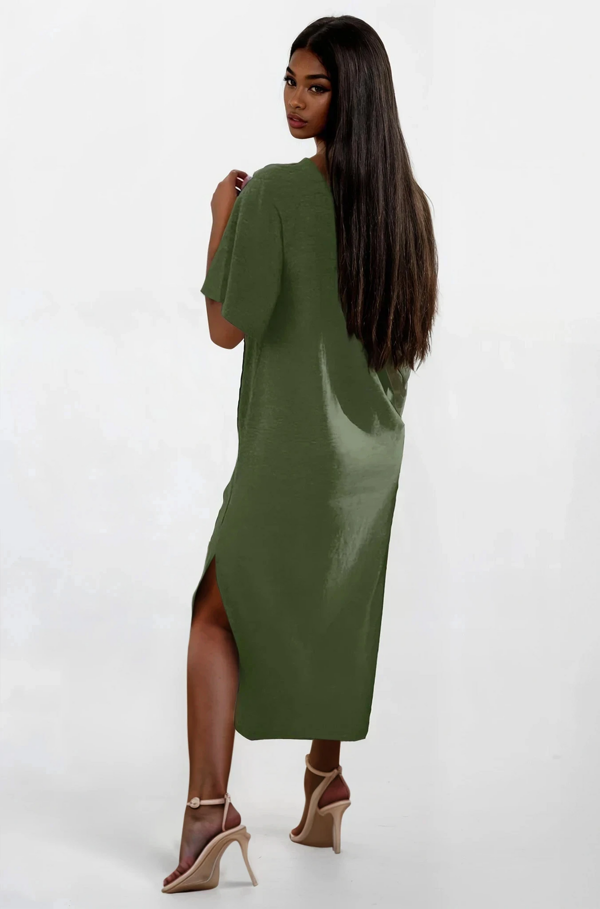 slit t-shirt maxi dress with round neck and half sleeves