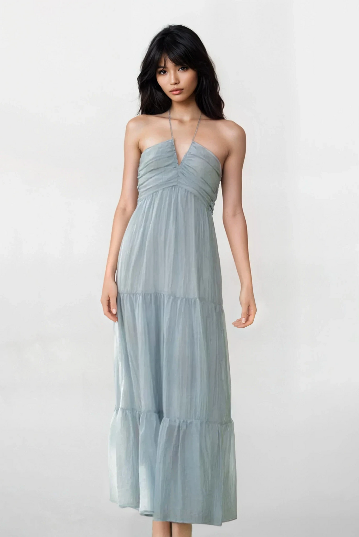 Solstice halter neck tiered cami maxi dress with ruched detail