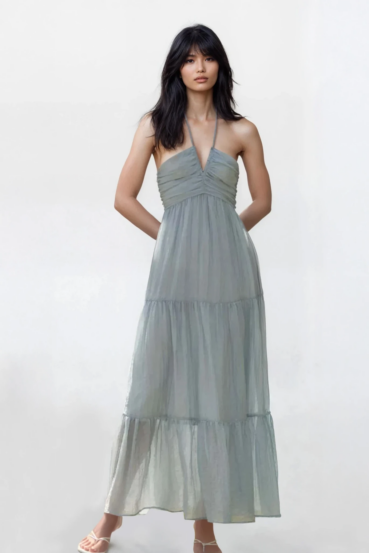 Elegant solstice halter neck tiered cami maxi dress with ruched detail