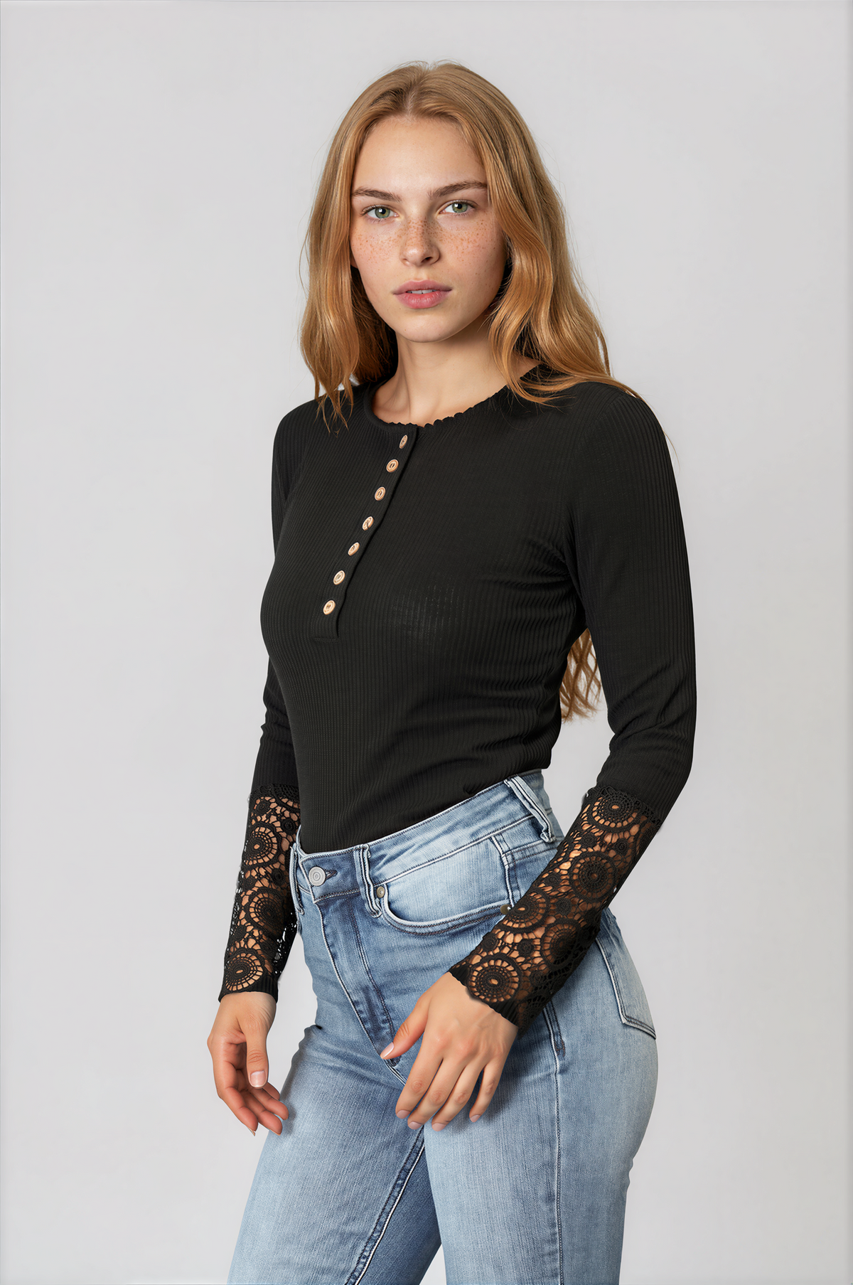 Spirit Crochet Lace Hem Sleeve Button Top in black ribbed fabric with a button front and sheer floral crochet lace cuffs