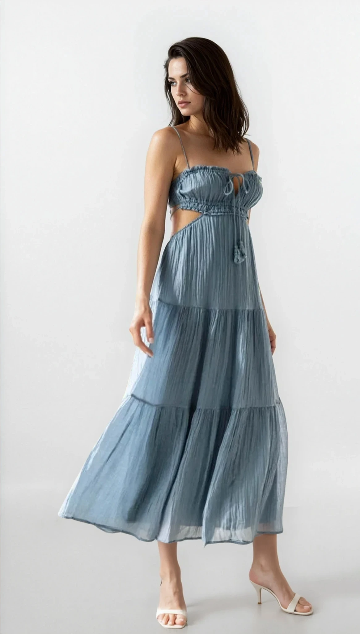 Cutout square neck ruched cami midi dress in solid color