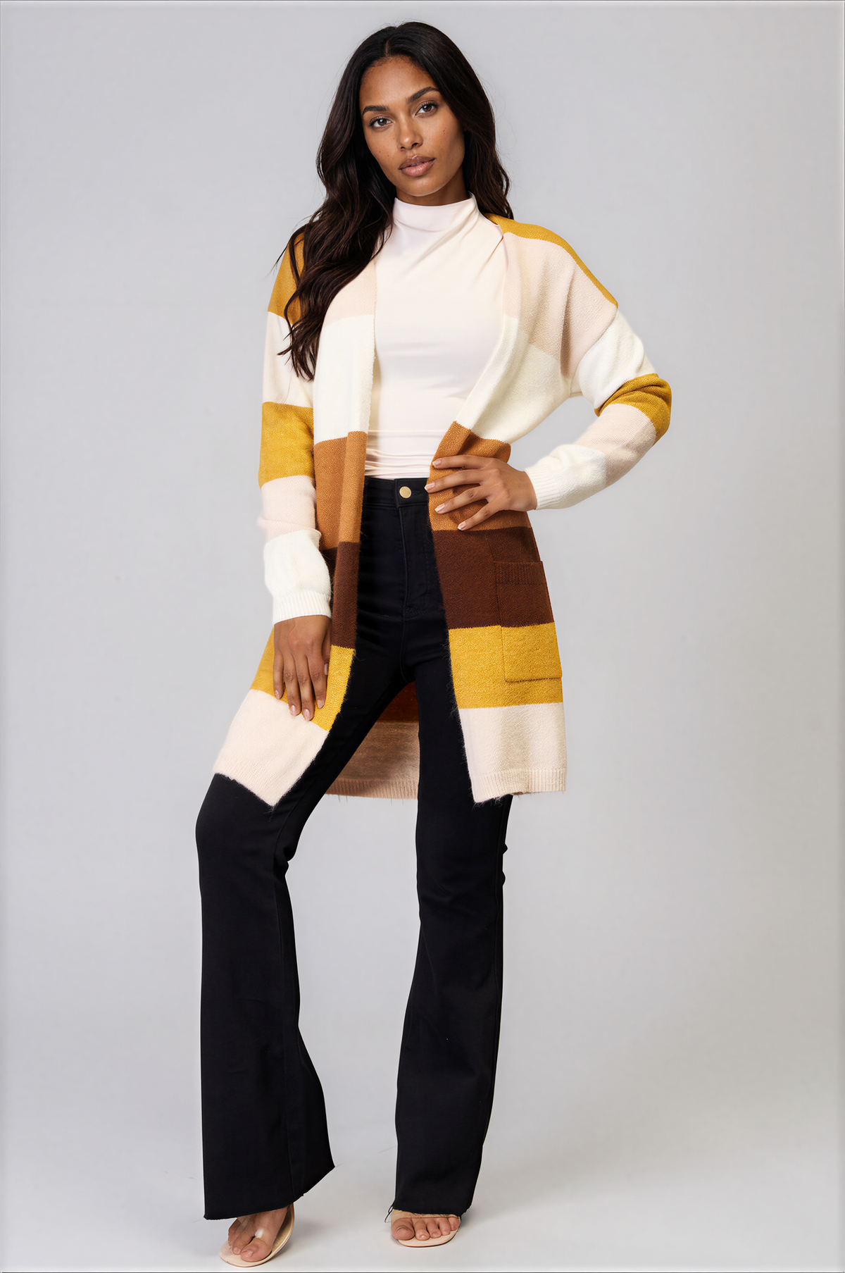Stack Open Front Dropped Shoulder Cardigan in cream, mustard yellow, and brown color-block knit with long sleeves and an open front