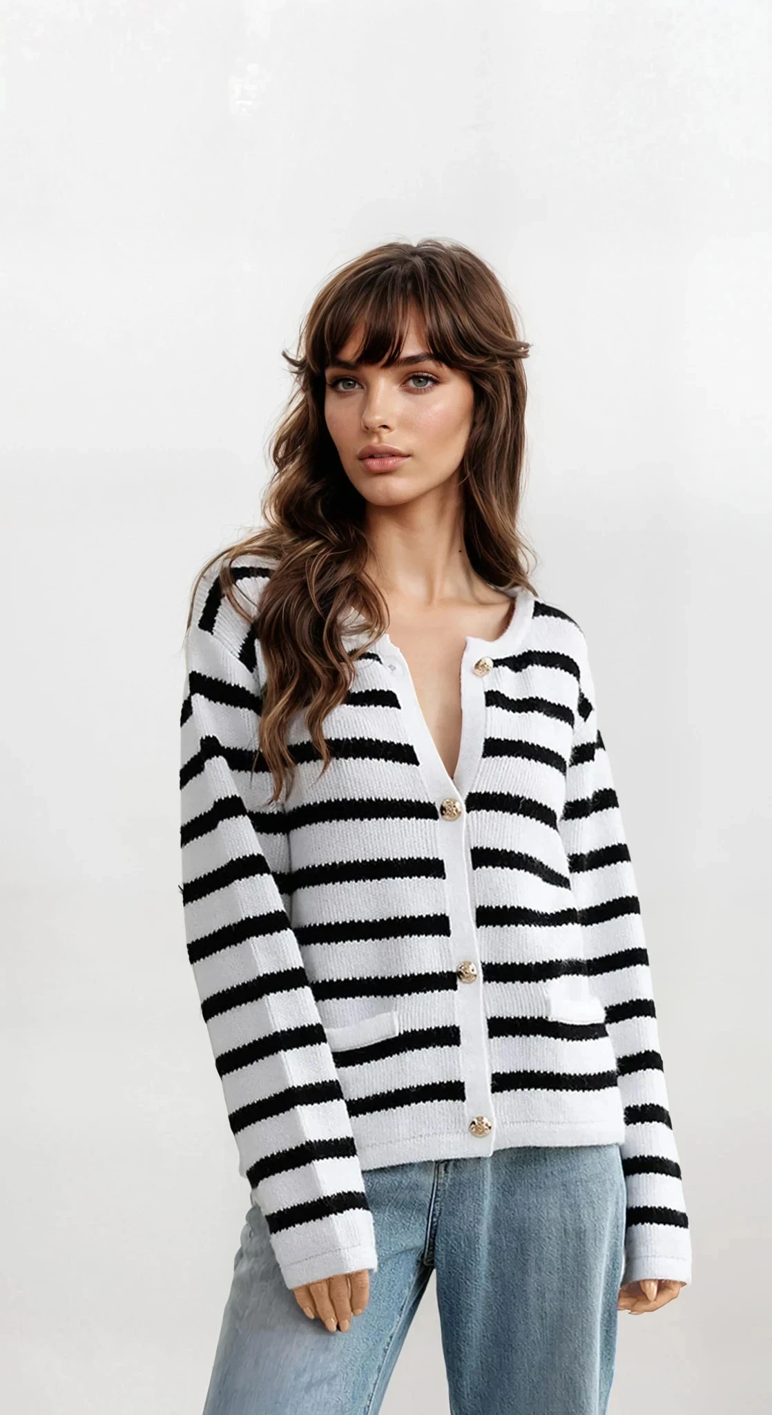 Striped button-down cardigan with pockets and lightweight fabric