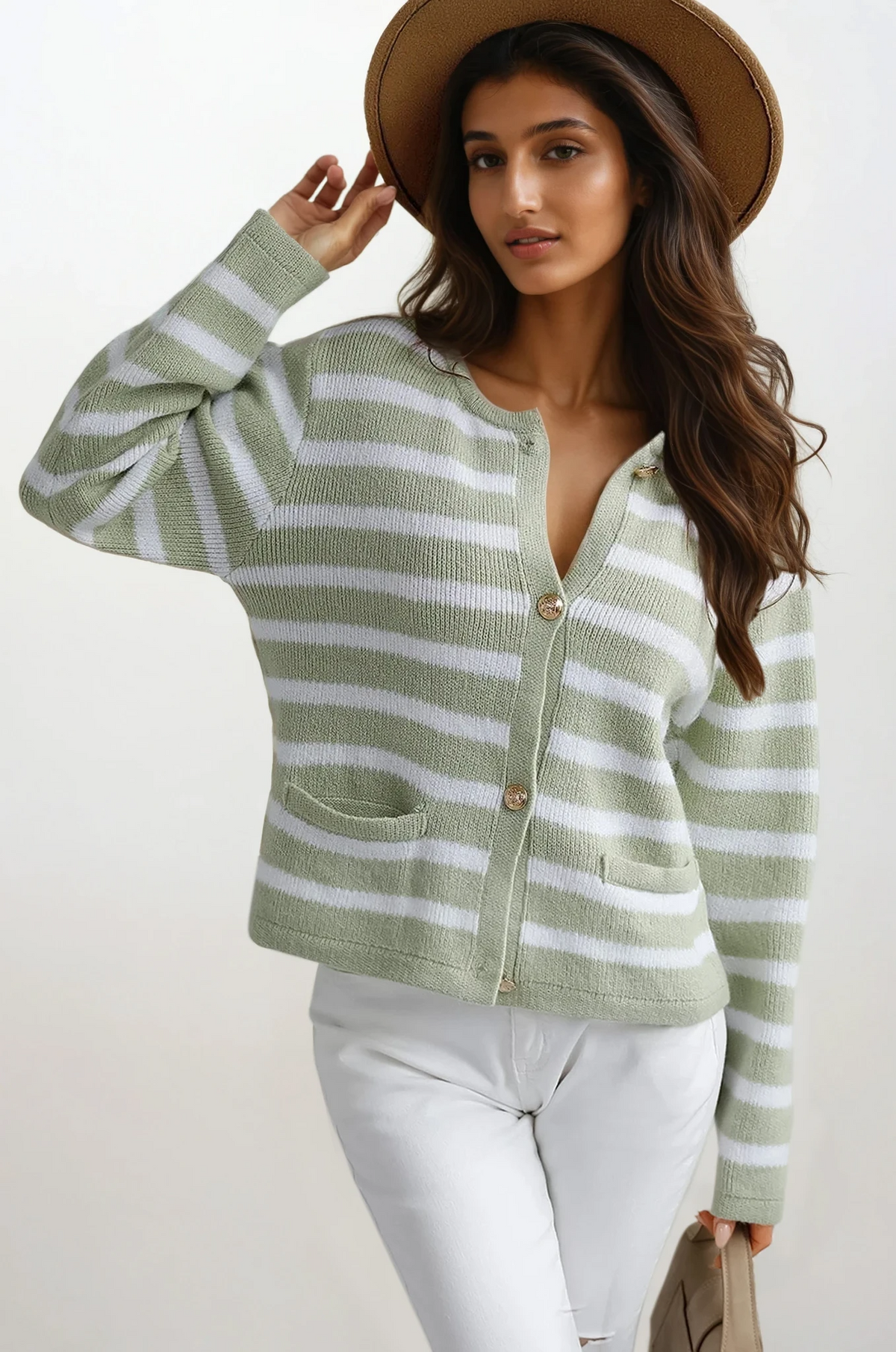 Striped button-down cardigan with pockets and lightweight fabric