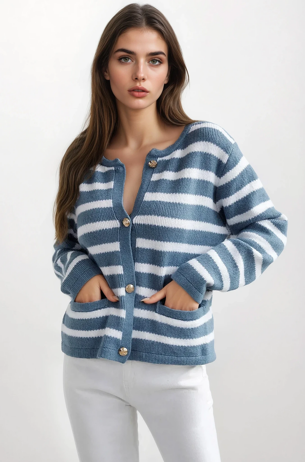 Striped button-down cardigan with pockets and lightweight material