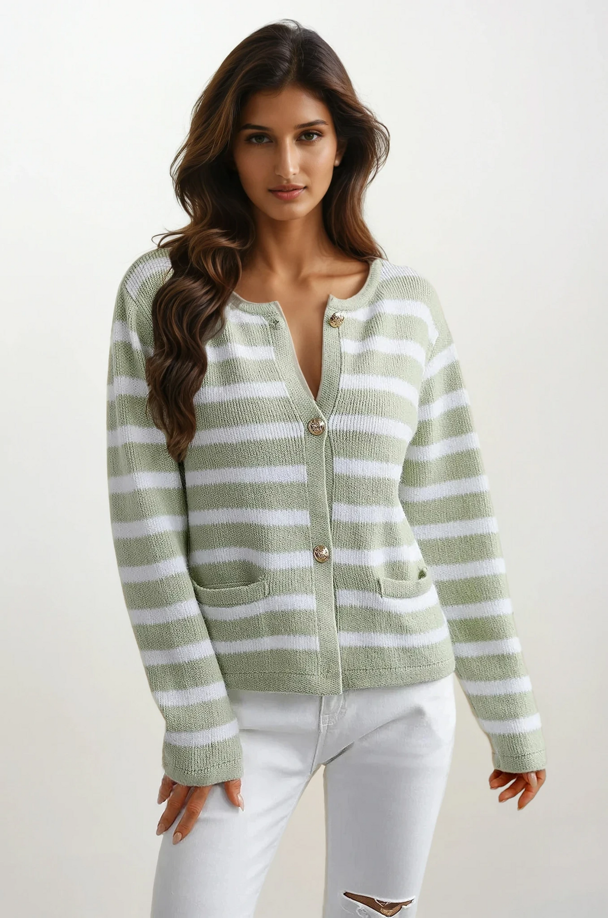 Striped button-down cardigan with pockets and lightweight fabric