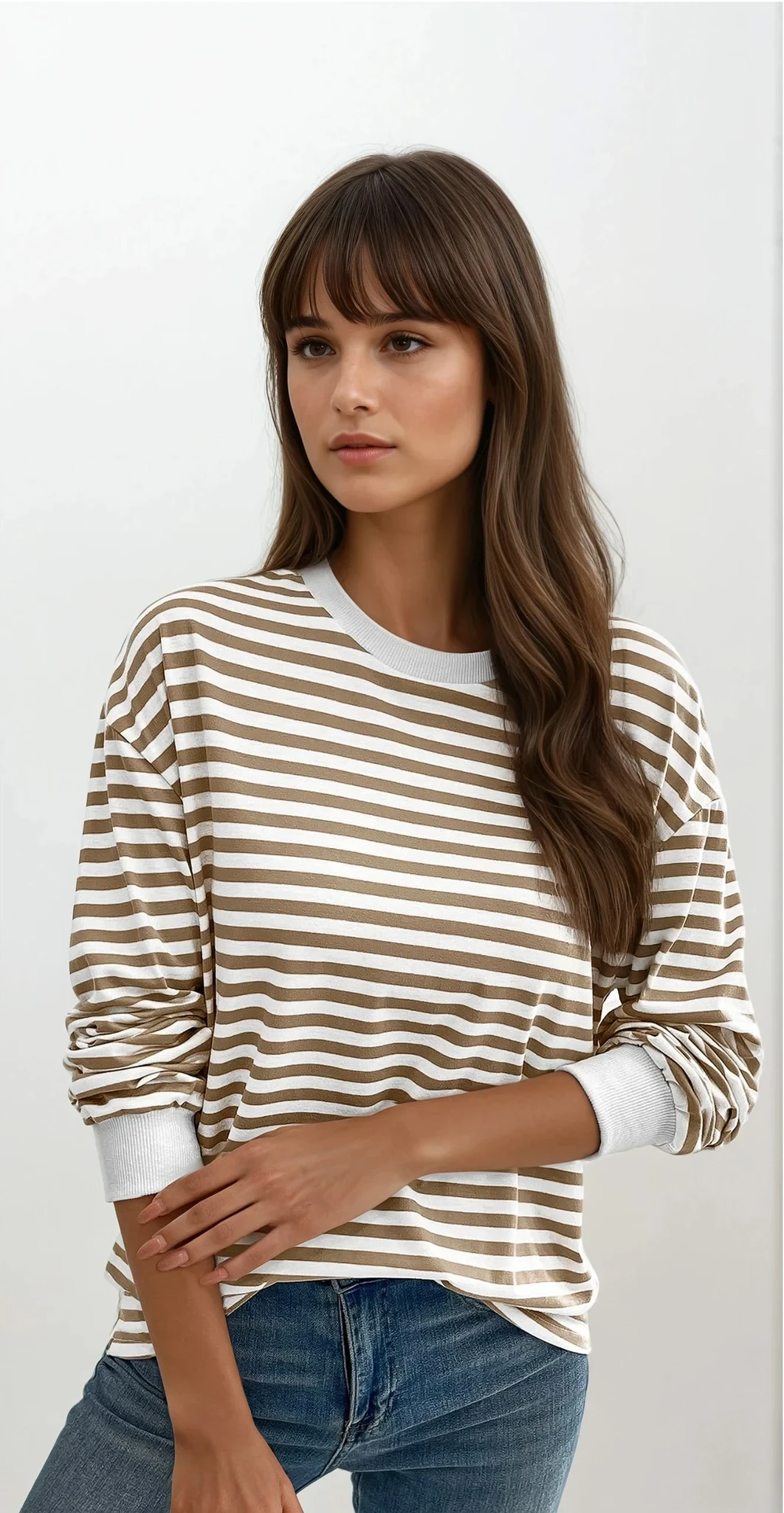 lightweight striped crew neck pullover with slight stretch