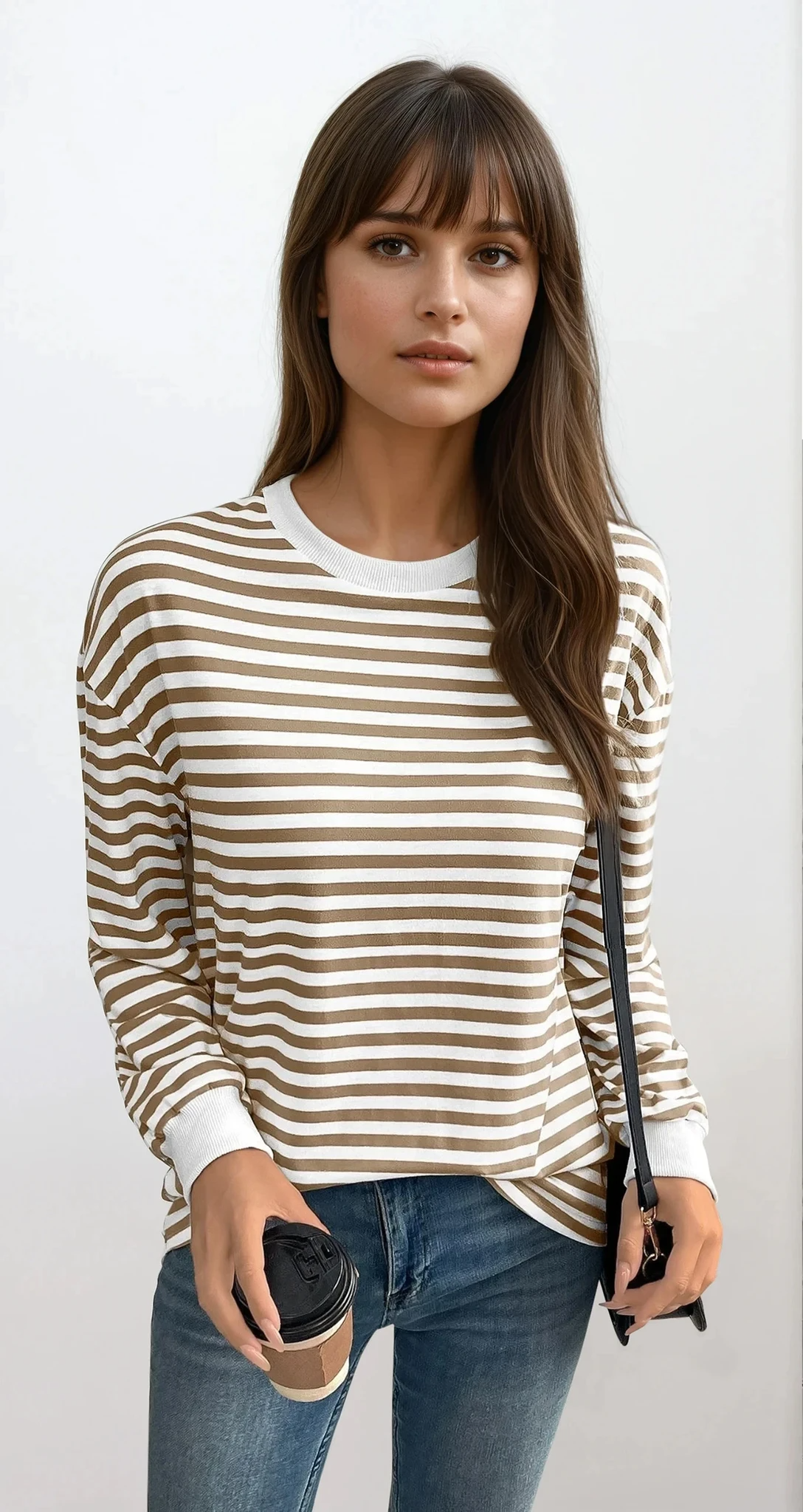 Striped crew neck pullover with lightweight stretch fabric
