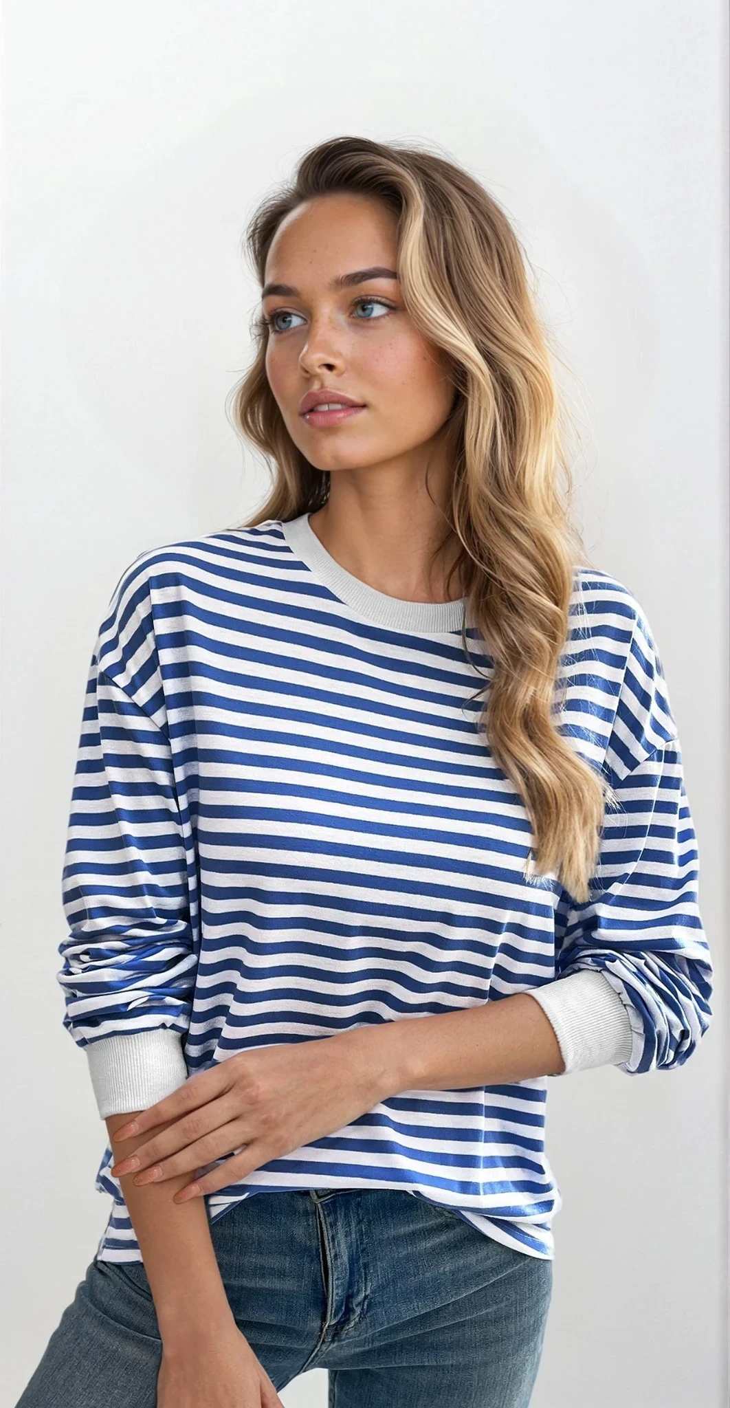 striped crew neck pullover with lightweight stretch fabric