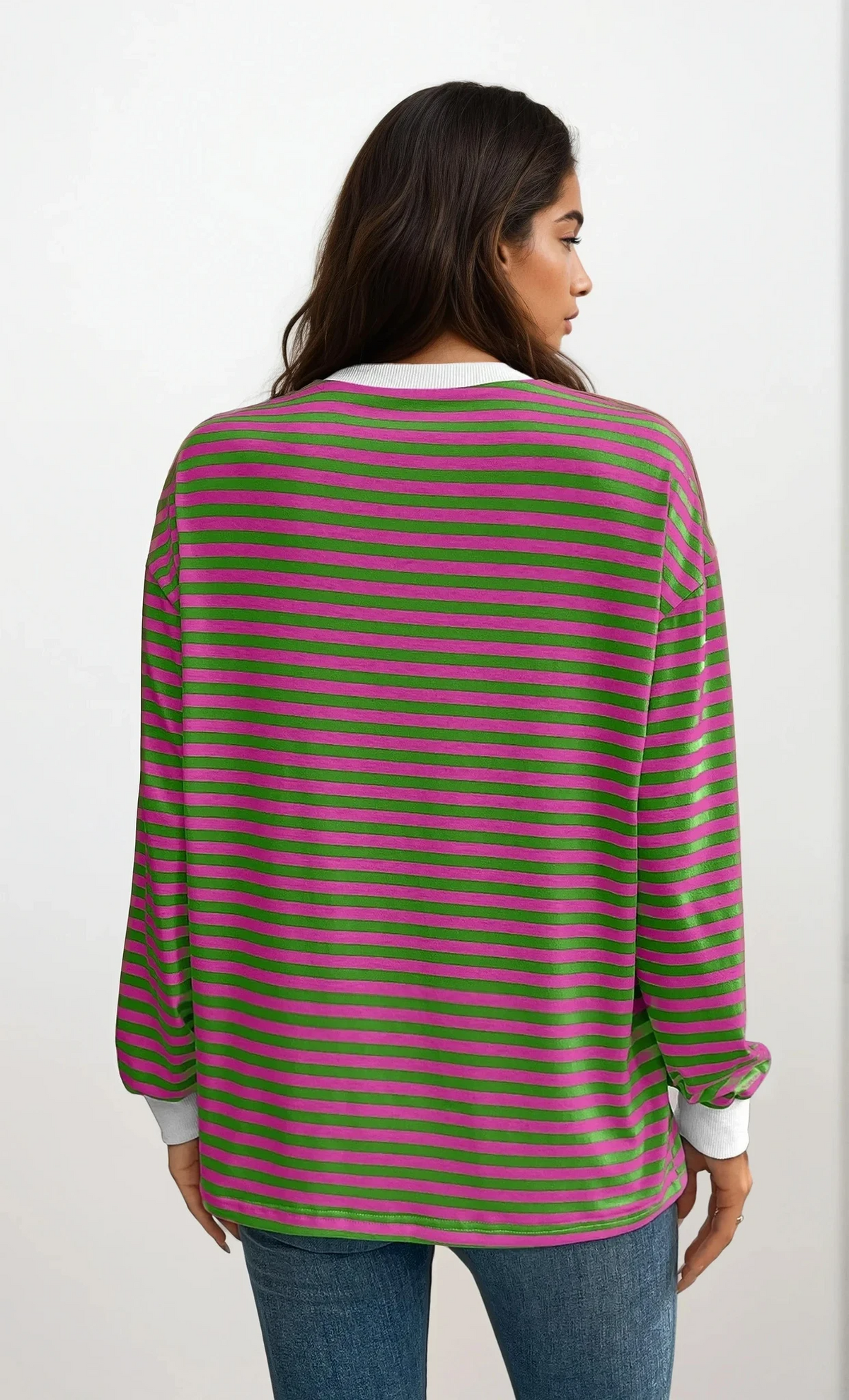 striped crew neck pullover with lightweight stretchy fabric