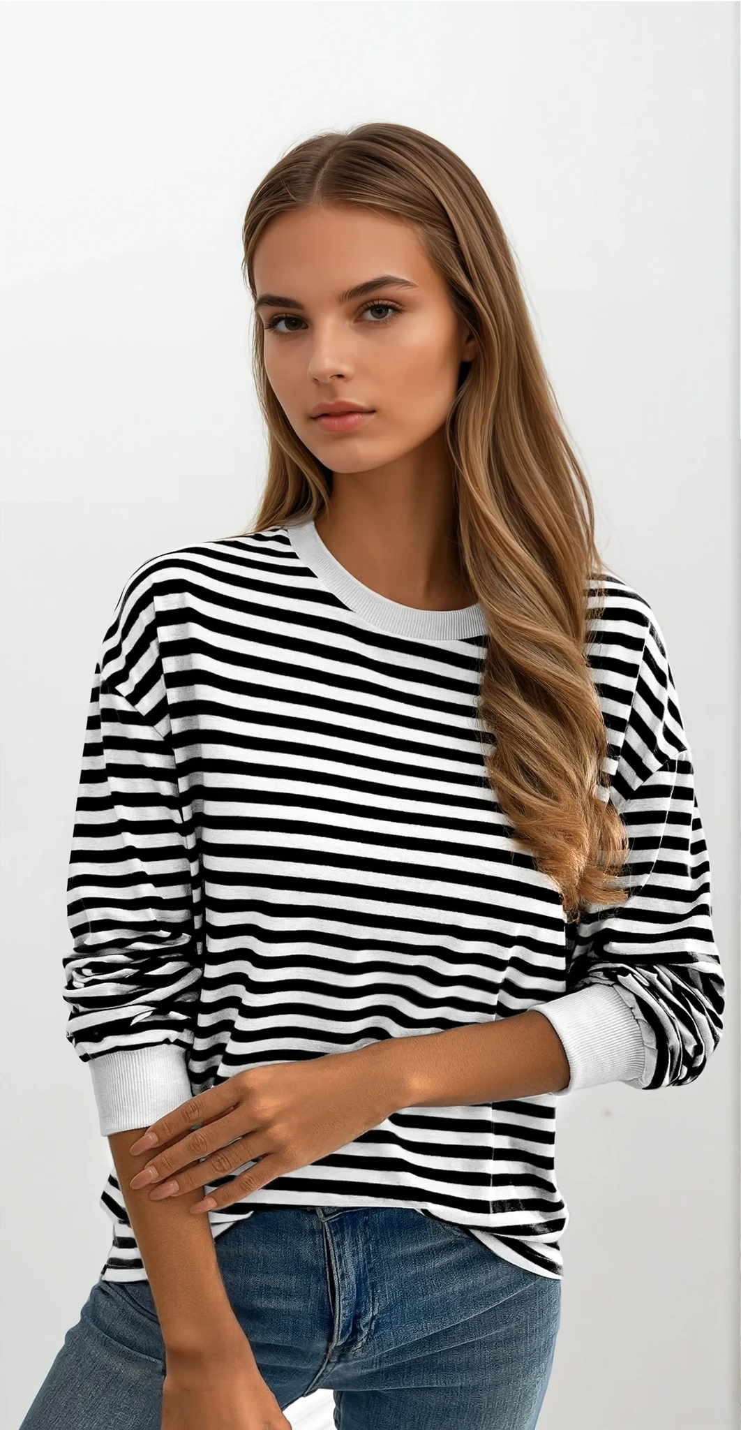 Striped crew neck pullover with lightweight stretchy fabric for versatile wear