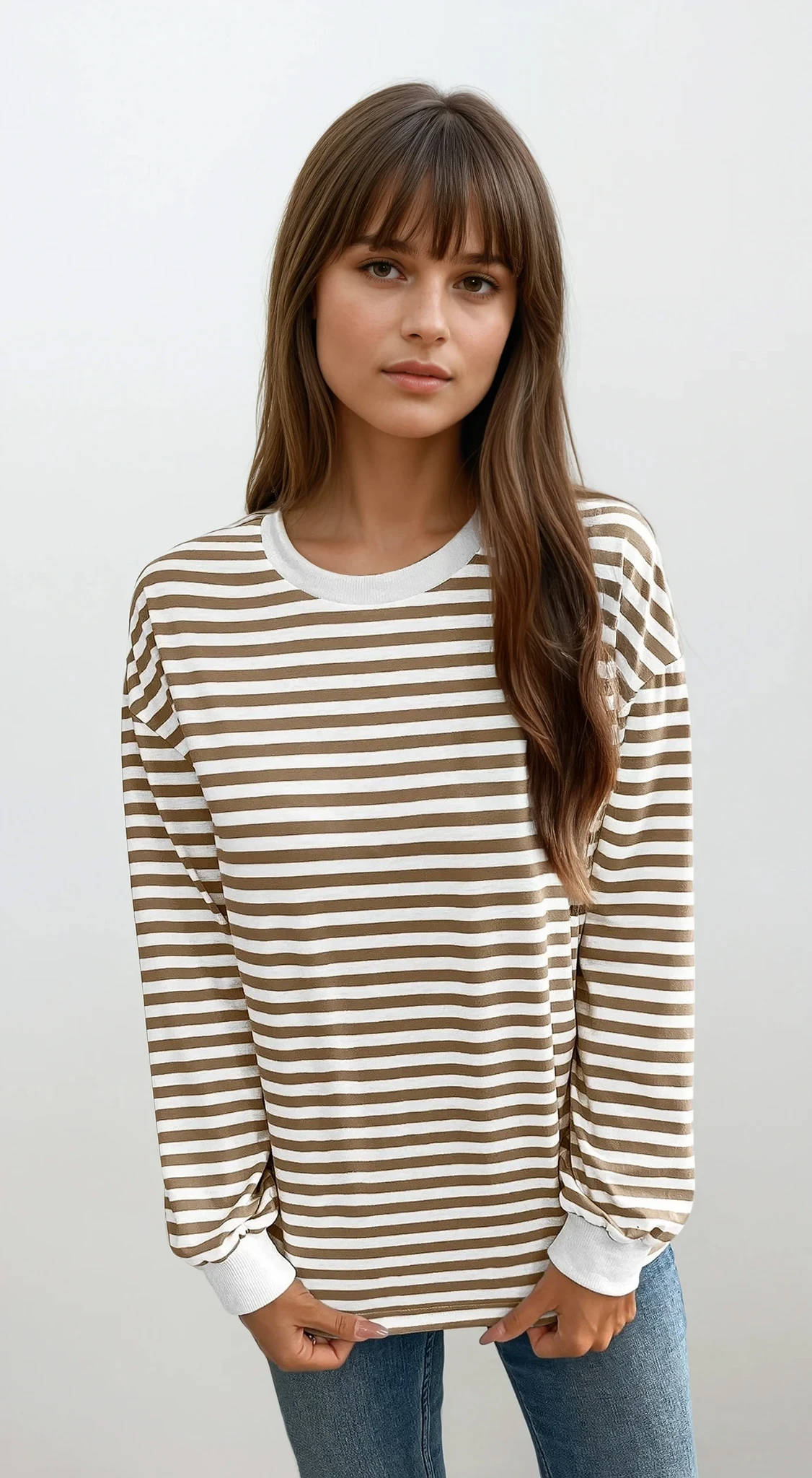 Striped crew neck pullover with lightweight, stretchy fabric