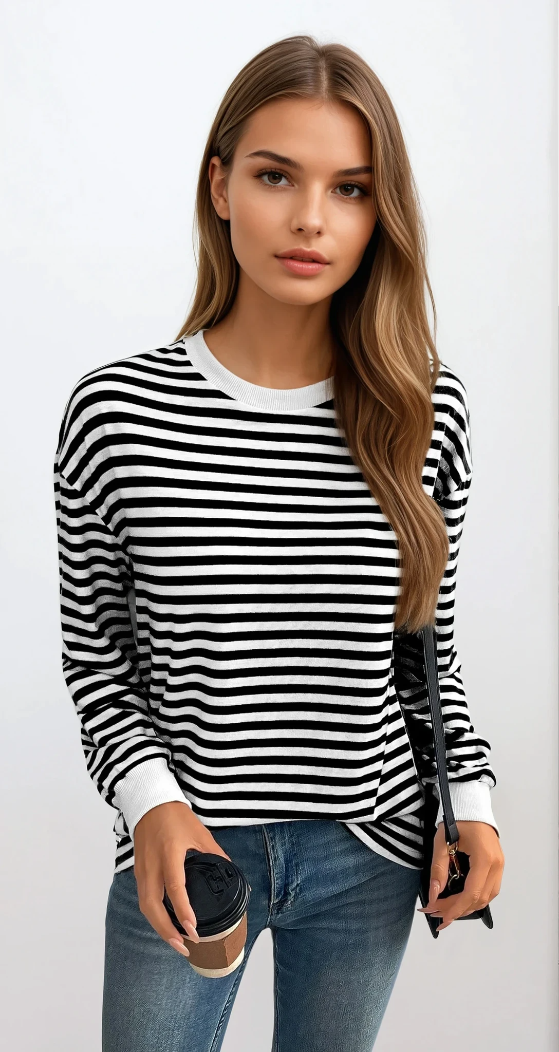 Striped crew neck pullover with lightweight, stretchy fabric