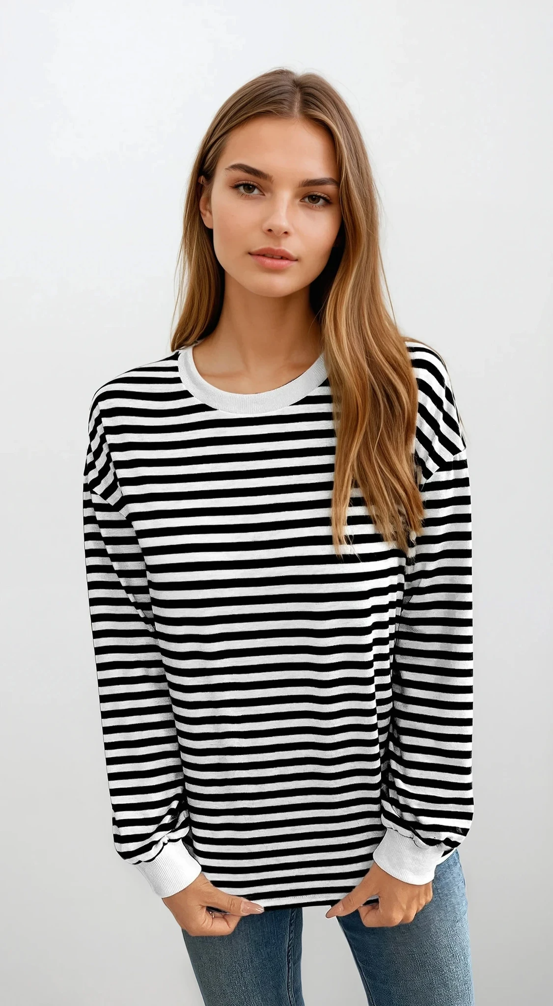 Striped crew neck pullover with lightweight stretchy fabric
