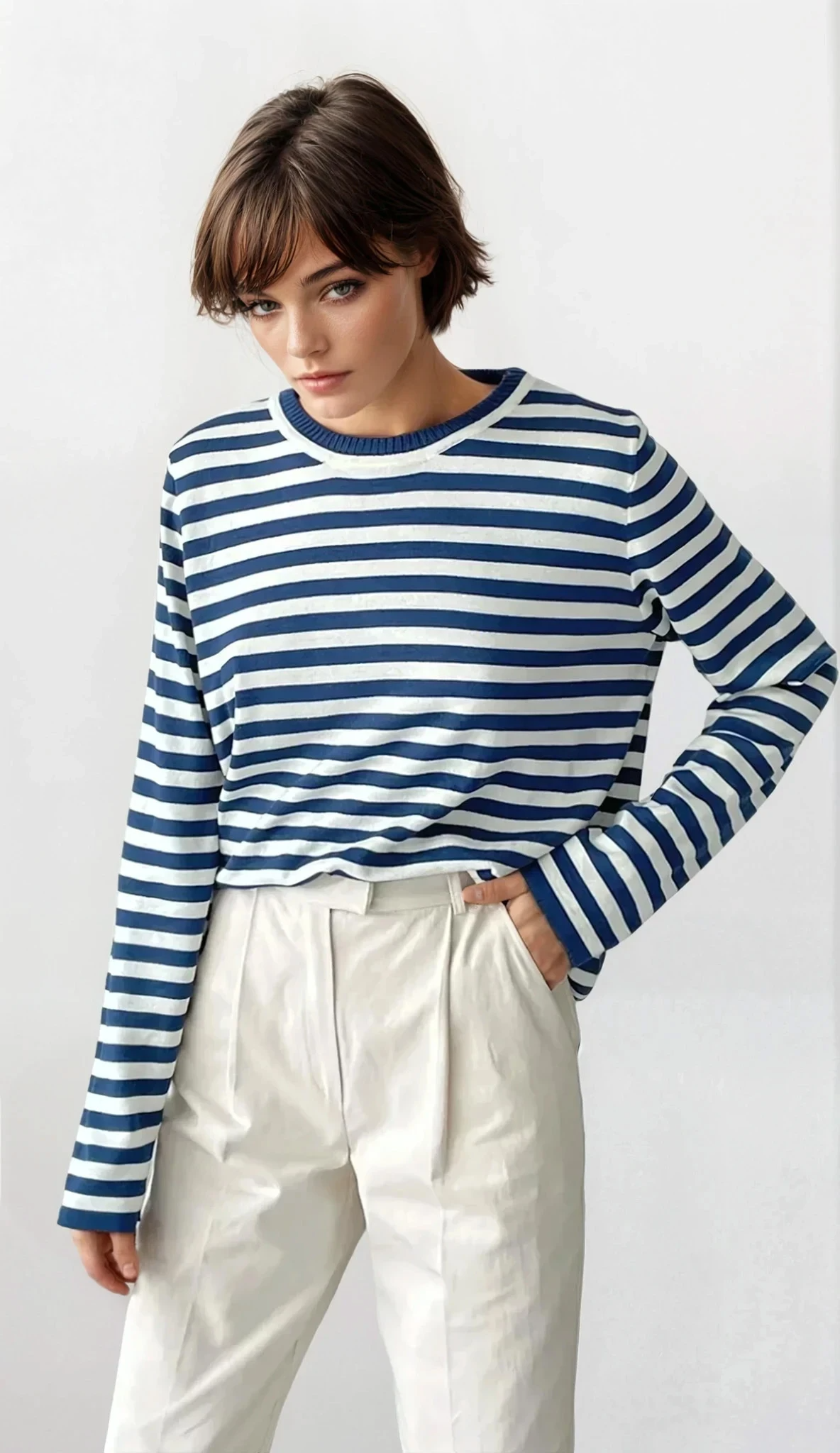 striped round neck long sleeve sweater with moderate stretch