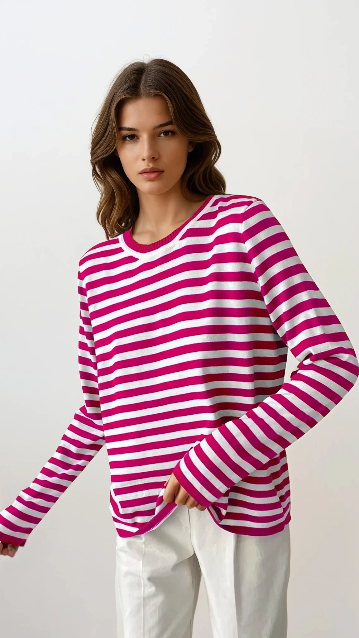 striped round neck long sleeve sweater classic casual wear
