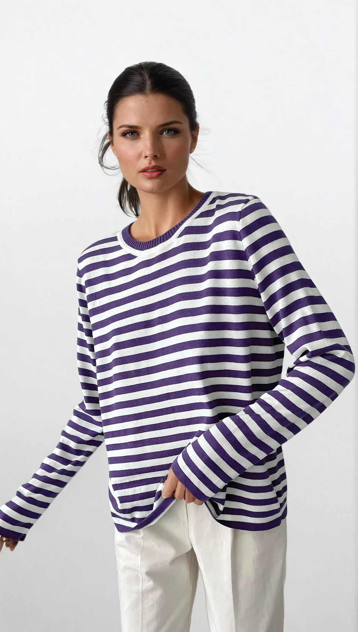 striped round neck long sleeve sweater with classic fit