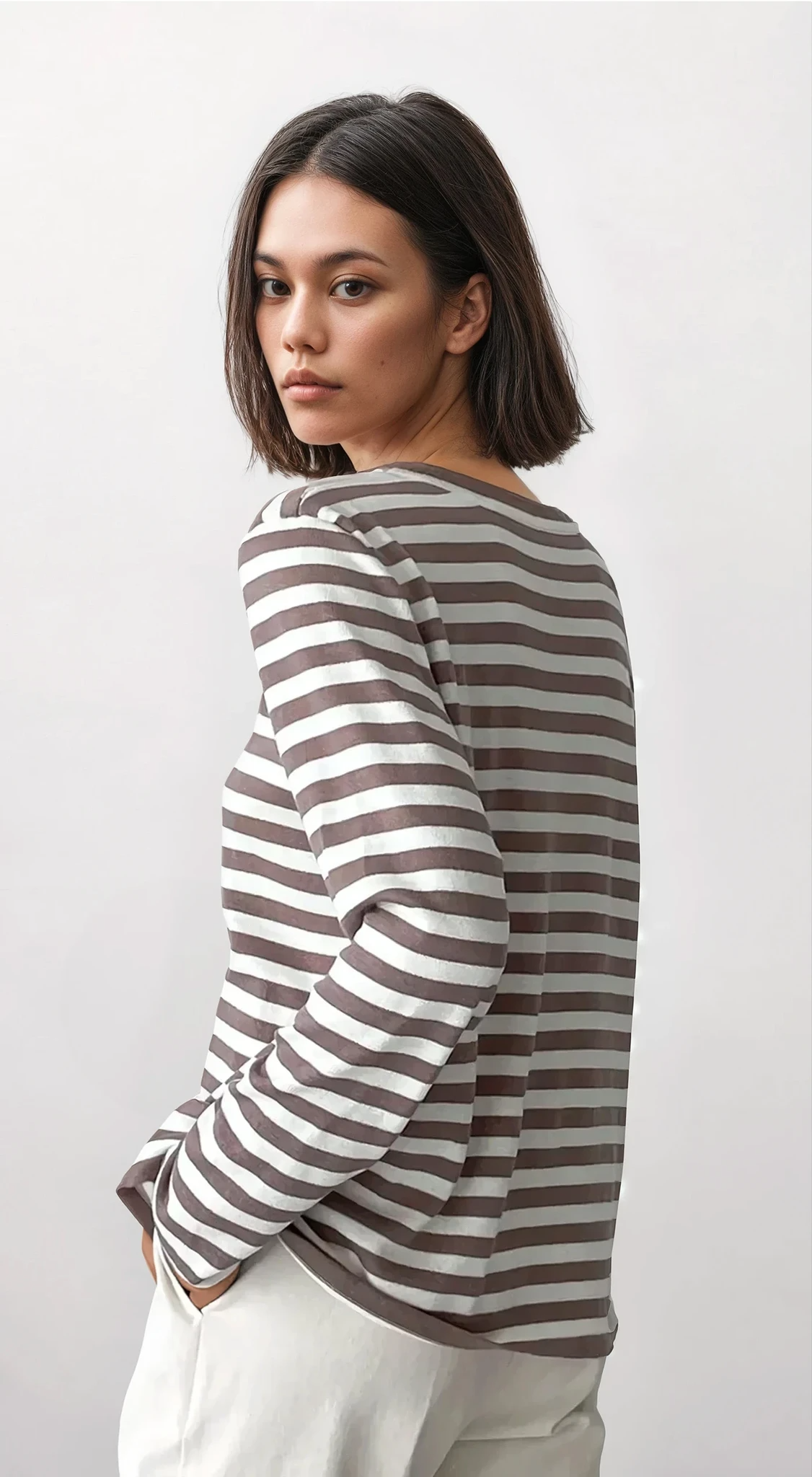 striped round neck long sleeve sweater with classic fit