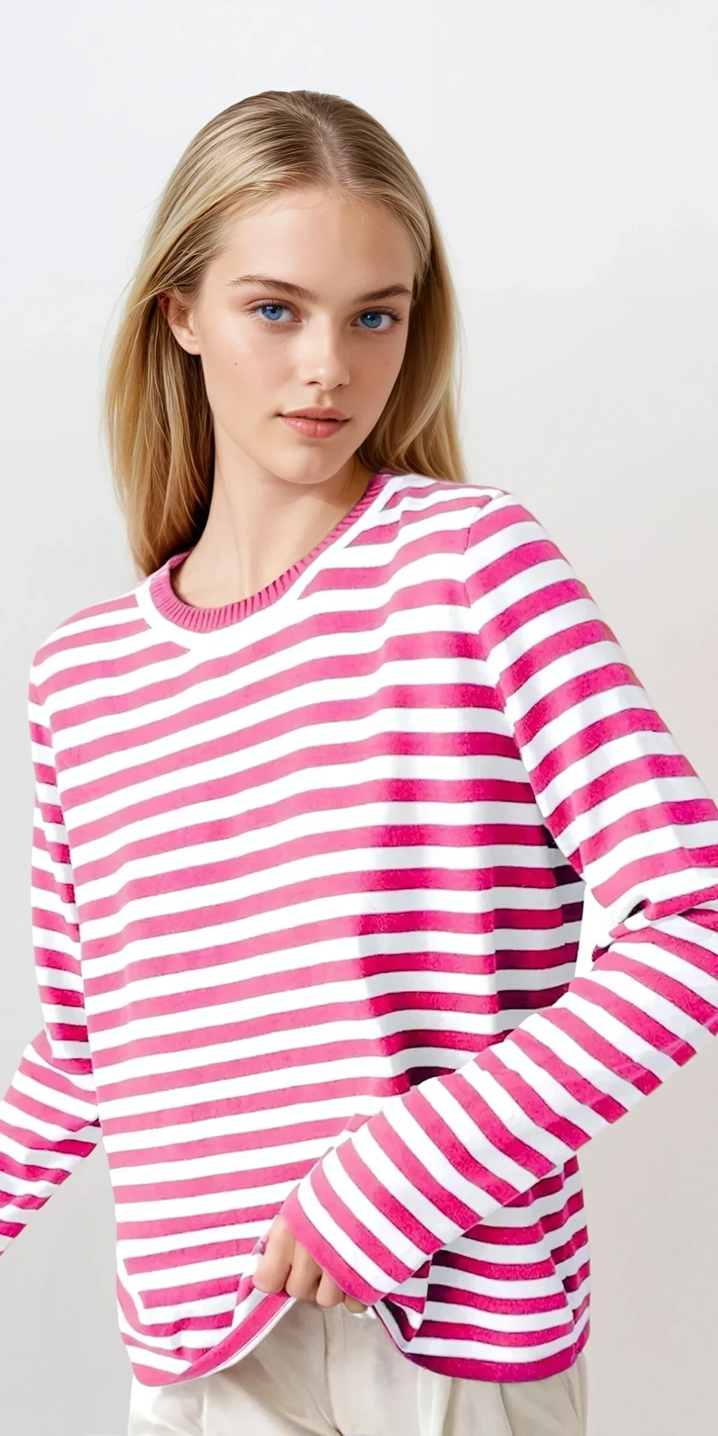 Striped round neck long sleeve sweater in classic style